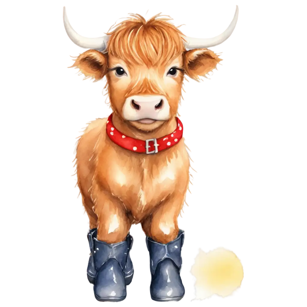 Cute-Highland-Cow-PNG-with-Christmas-Lights-and-Cowgirl-Boots-Watercolor-Painting-for-Digital-Use