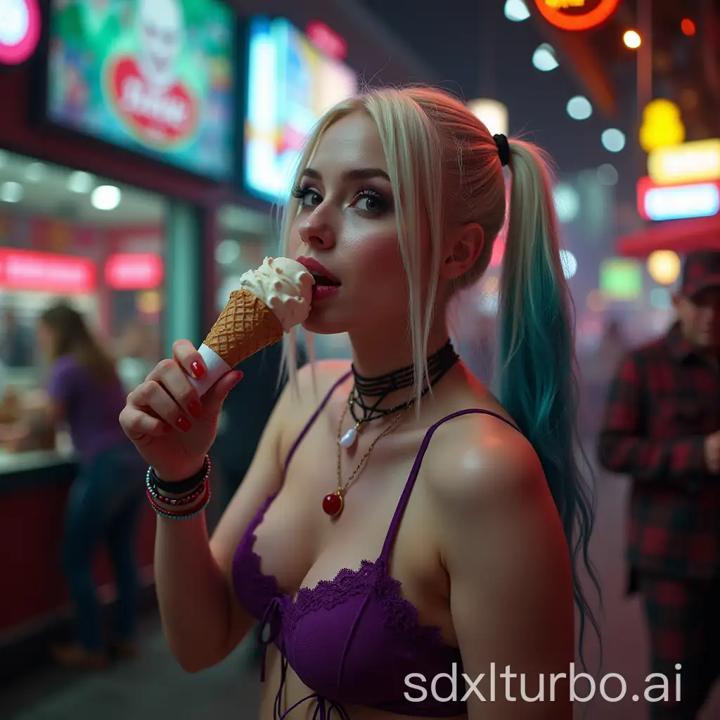 Harley-Quinn-in-Purple-Lace-Lingerie-Eating-Ice-Cream