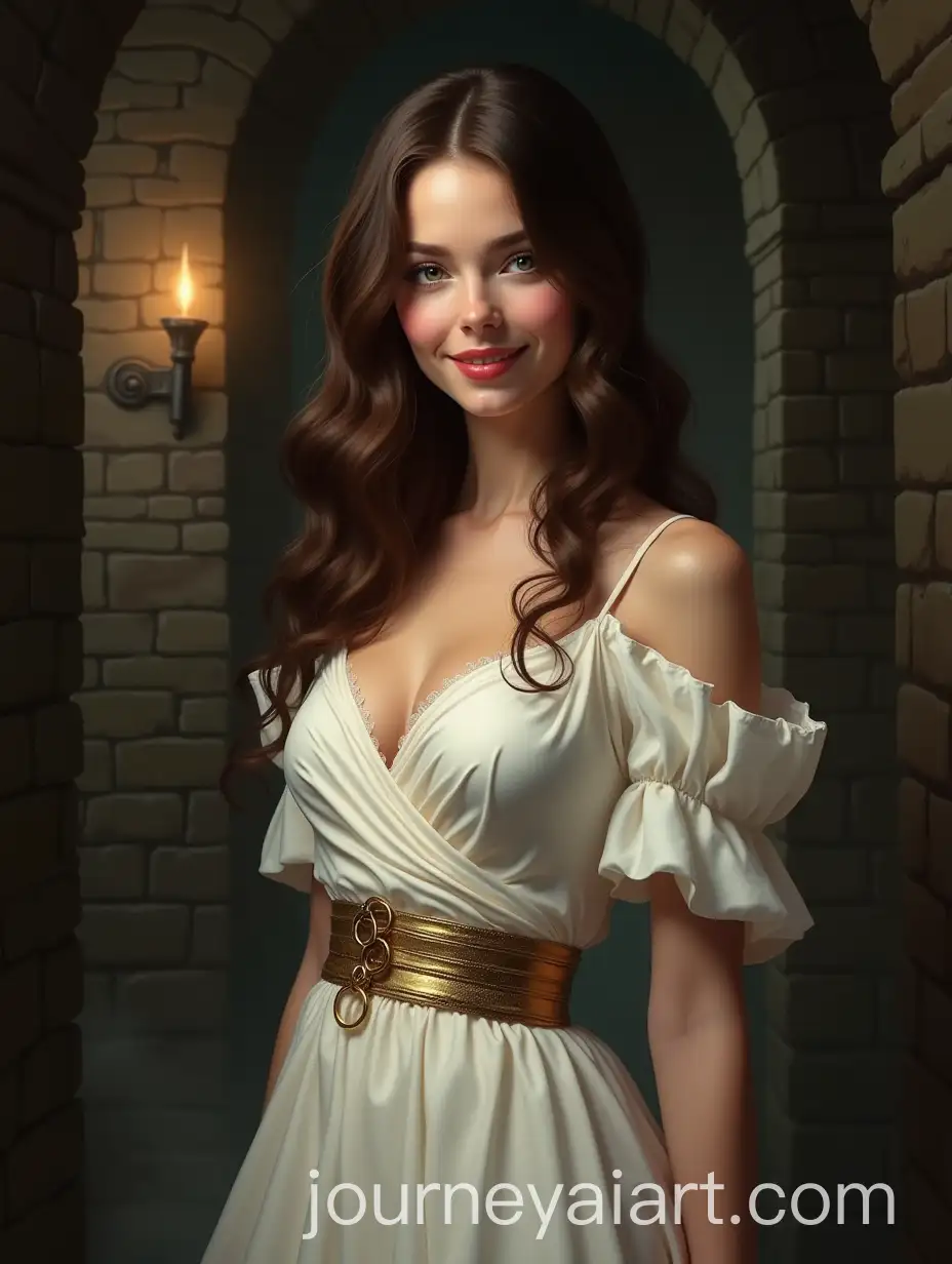 Portrait-of-an-Attractive-Young-Woman-in-a-Dungeon-with-Forest-Green-Eyes-and-Elegant-Dress