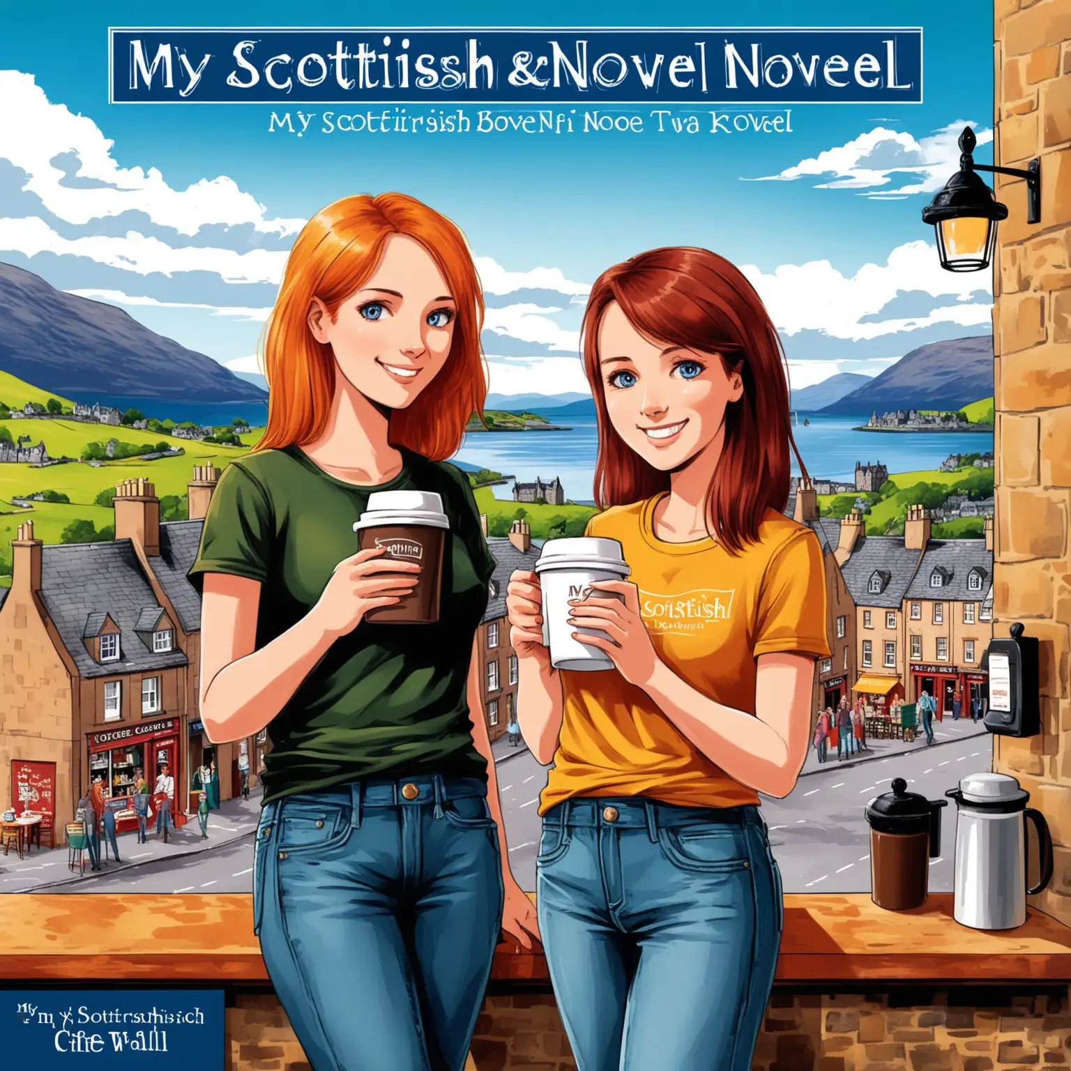 Illustrated book cover titled My Scottish Novel with a h illustration of two young woman  tourist girls dressed in jeans and a T-shirt, standing and smiling near a coffee stall, one of them holding a cup of coffee, against the backdrop of a picturesque Scottish town, with a blue sky with clouds in the background