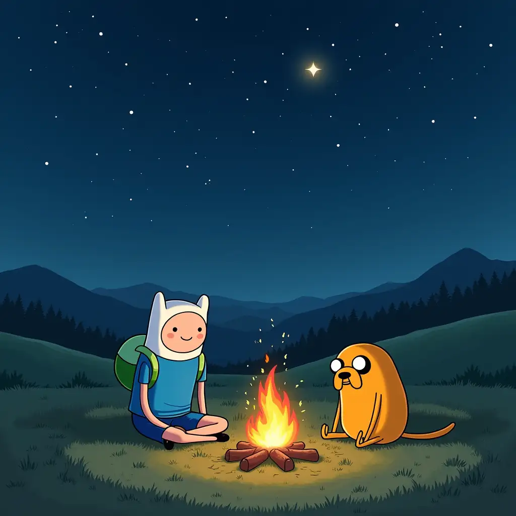 Finn-and-Jake-from-Adventure-Time-Sitting-by-Campfire-Under-Starry-Night-Sky