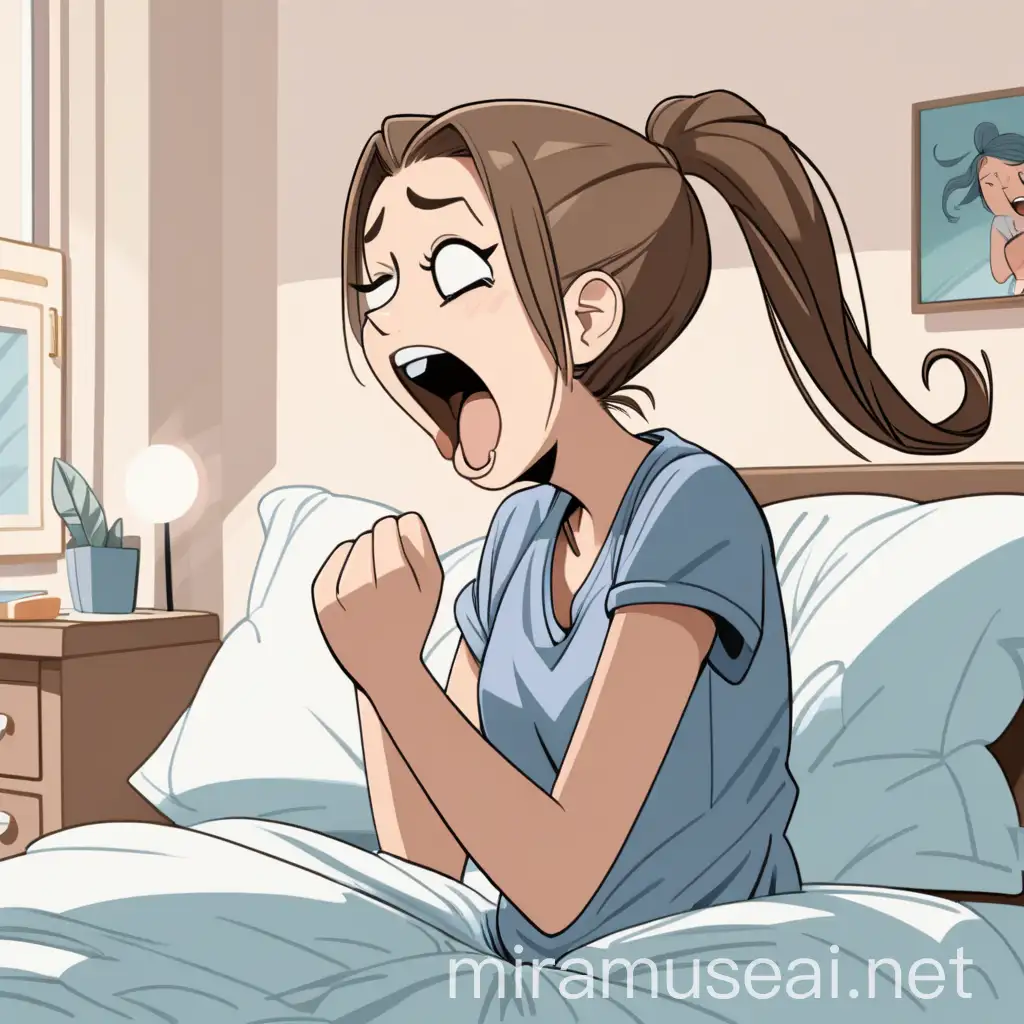 Female Teen Yawning and Stretching in Bed Cartoon Character