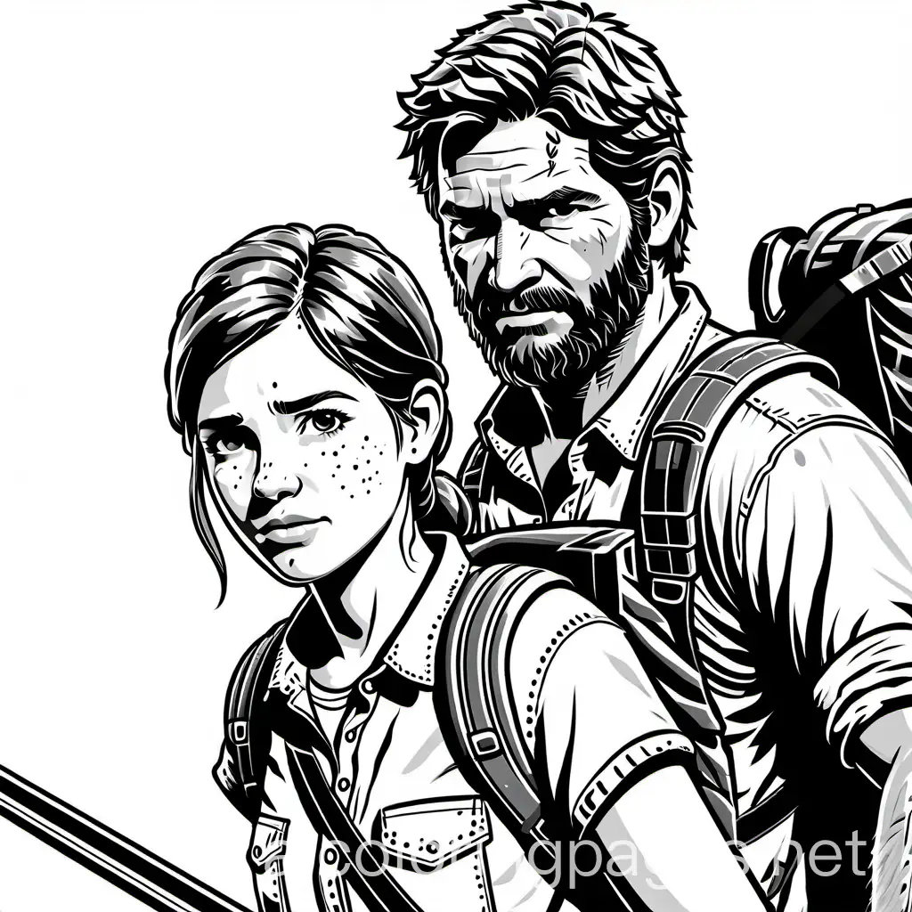 Ellie-and-Joel-Coloring-Page-Black-and-White-Line-Art-on-White-Background