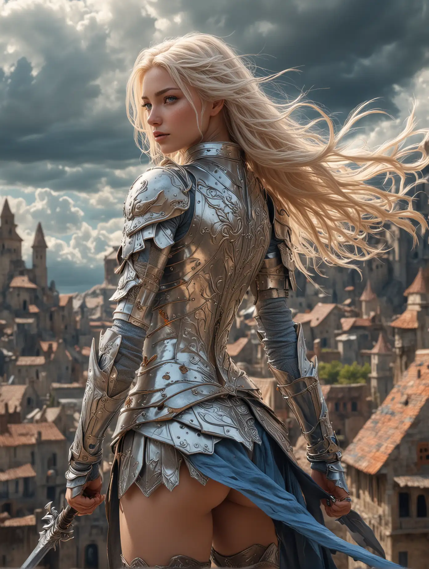 Eye level view captured, a Highly detailed colored pencil sketch drawing style quality, digital drawing mode, aerial fantasy-themed anime female character, long wind-swept platinum blonde hair, piercing sky-blue eyes, wearing lightweight silver armor with winged motifs, wielding a spear with a blade that shimmers like the sky, standing on a floating island with clouds swirling around her, radiant skin, fierce and determined expression, full body, dynamic pose, life size, perfect anatomy, detailed skin texture, full HD, 4K, HDR, perfect anatomy, depth of field. On a roof of abandoned fortress background, medieval fantasy theme, intricate details, sharp focus, matte colorful organic shape, masterpiece art, high resolution