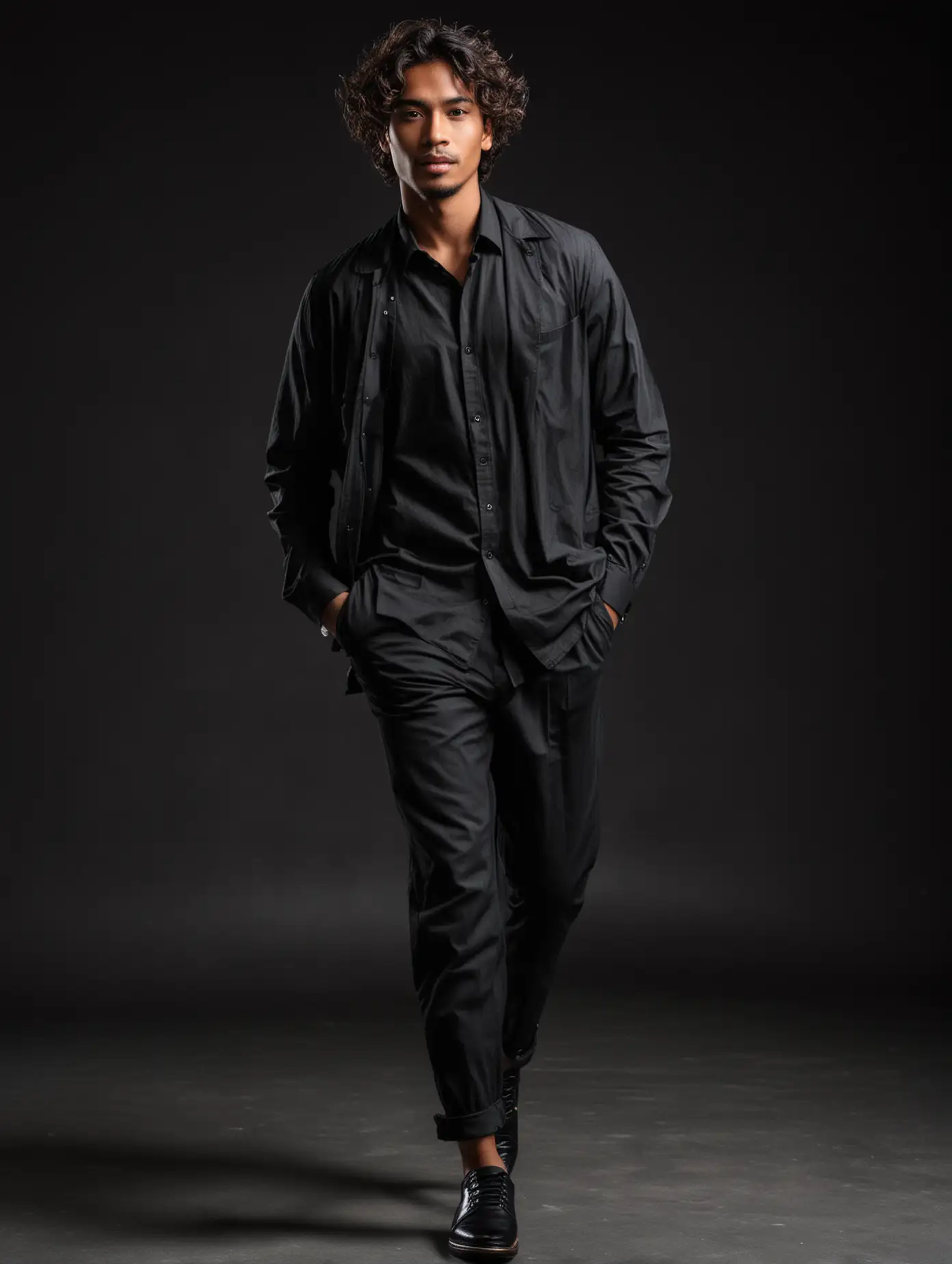 Handsome-Indonesian-Man-with-Wavy-Hair-Walking-in-Black-Shoes-on-Black-Background