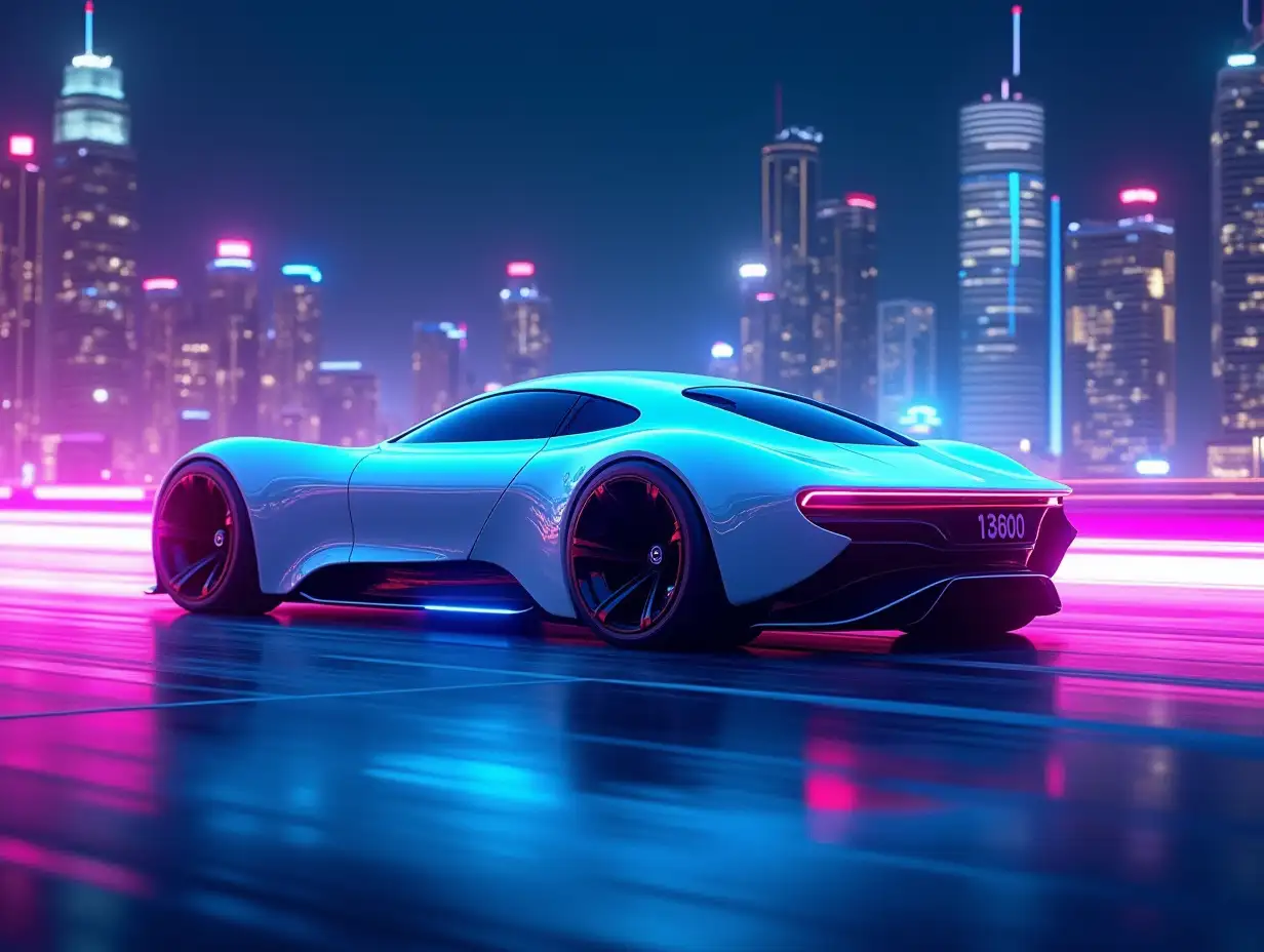 A sleek, futuristic white color car with a streamlined design, featuring smooth curves and sharp angles. The car is adorned with glowing neon lights, in vibrant shades of electric blue, pink, and purple, accentuating its modern, high-tech appearance. The vehicle's body reflects the neon hues around it, making it look like it's speeding through a neon-lit city at night. The car's wheels are designed to hover slightly above the ground, adding to its futuristic vibe. The background showcases a futuristic city skyline, illuminated with glowing lights and towering skyscrapers, creating a dynamic and energetic atmosphere.