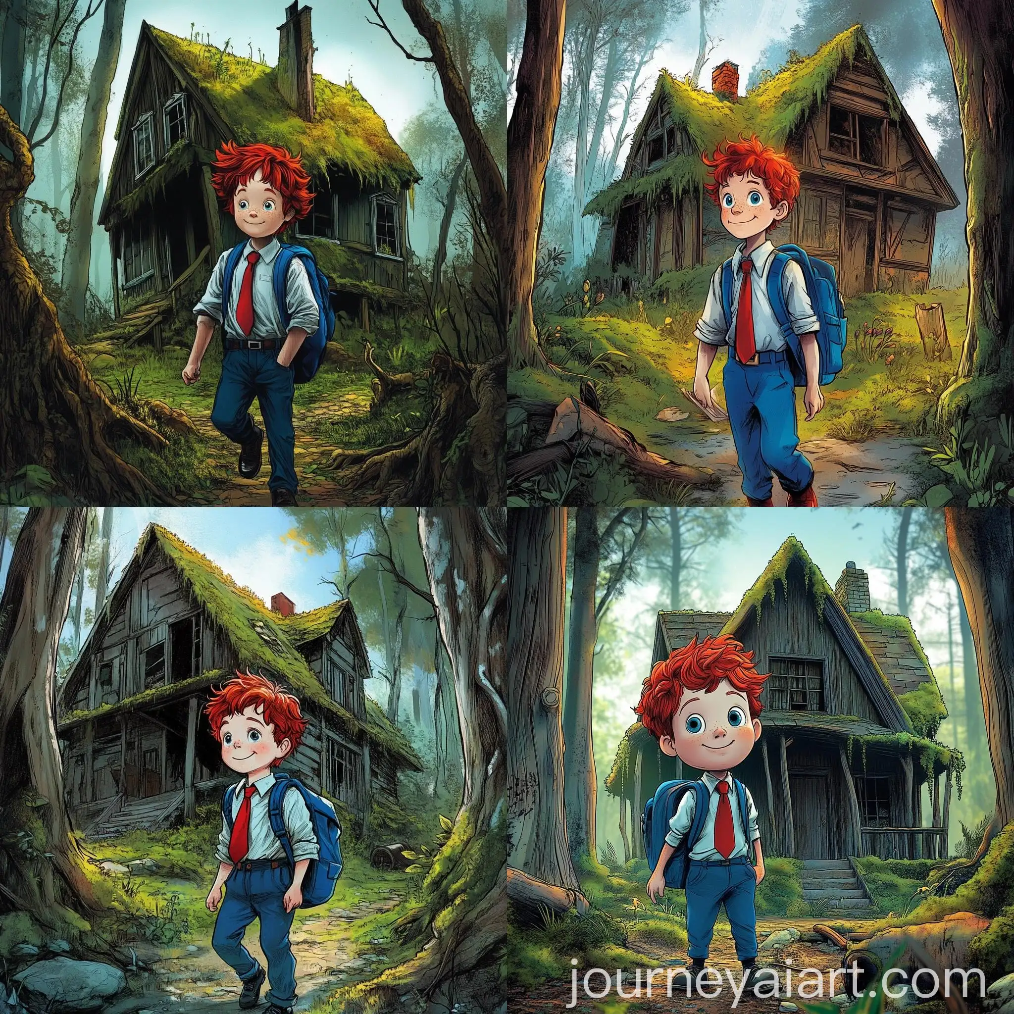 Young-Boy-in-School-Uniform-Exploring-Forest-Near-Old-MossCovered-House