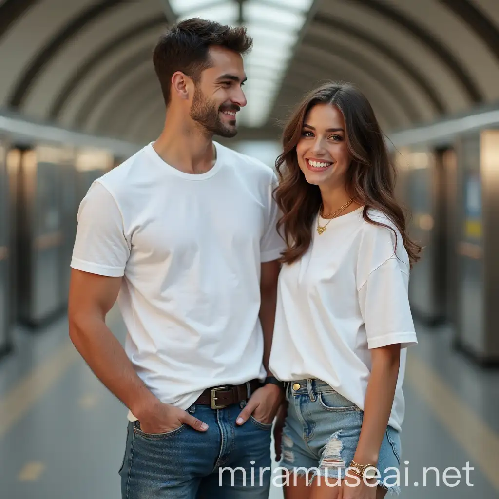 Trendy Couple in Oversized TShirts at Metro Station