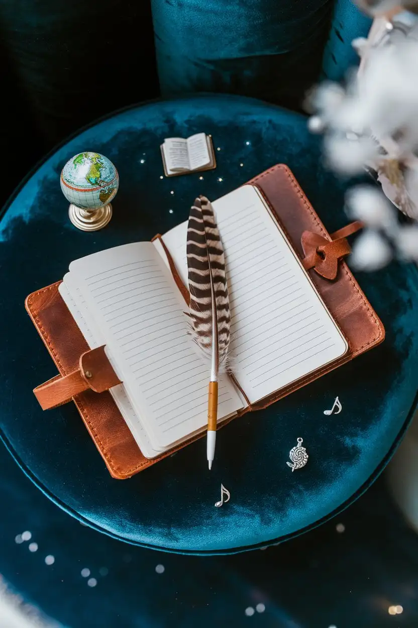 An overhead shot of a whimsical mini altar on a dark blue velvet surface. A leather-bound dream journal lies open, with a feather pen resting on its pages. Around the journal are scattered small, symbolic objects: a miniature globe, a tiny silver book charm, and a delicate musical note. The background is a deep, starry blue. The overall feeling is imaginative and hopeful.