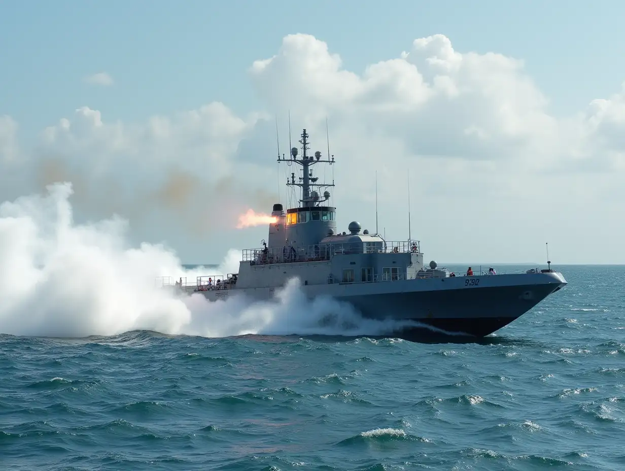 torpedo boat at full speed launching torpedo spray from waves