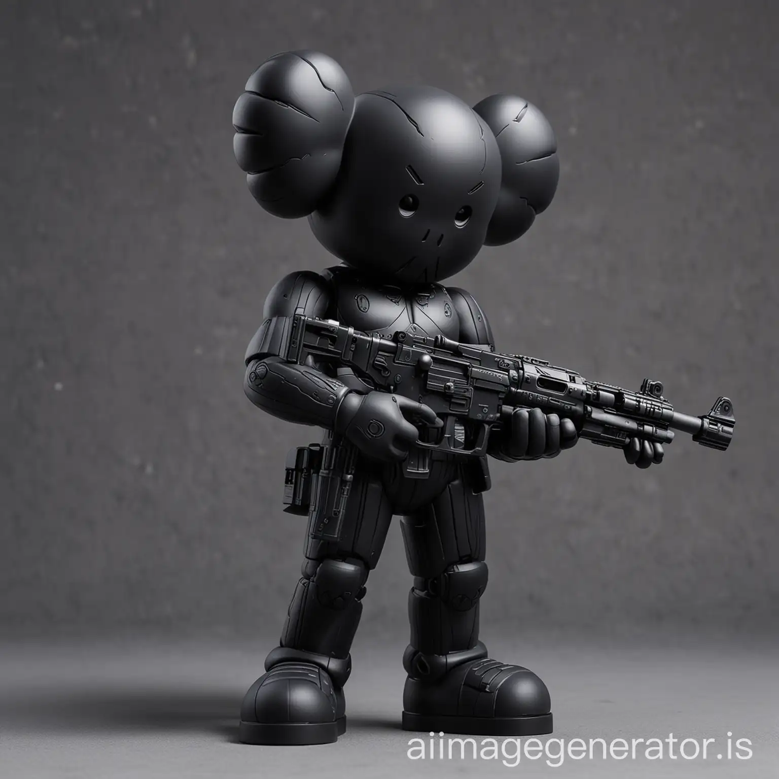 Futuristic crypto token with Black KAWS on the front of it with a gun in his hand