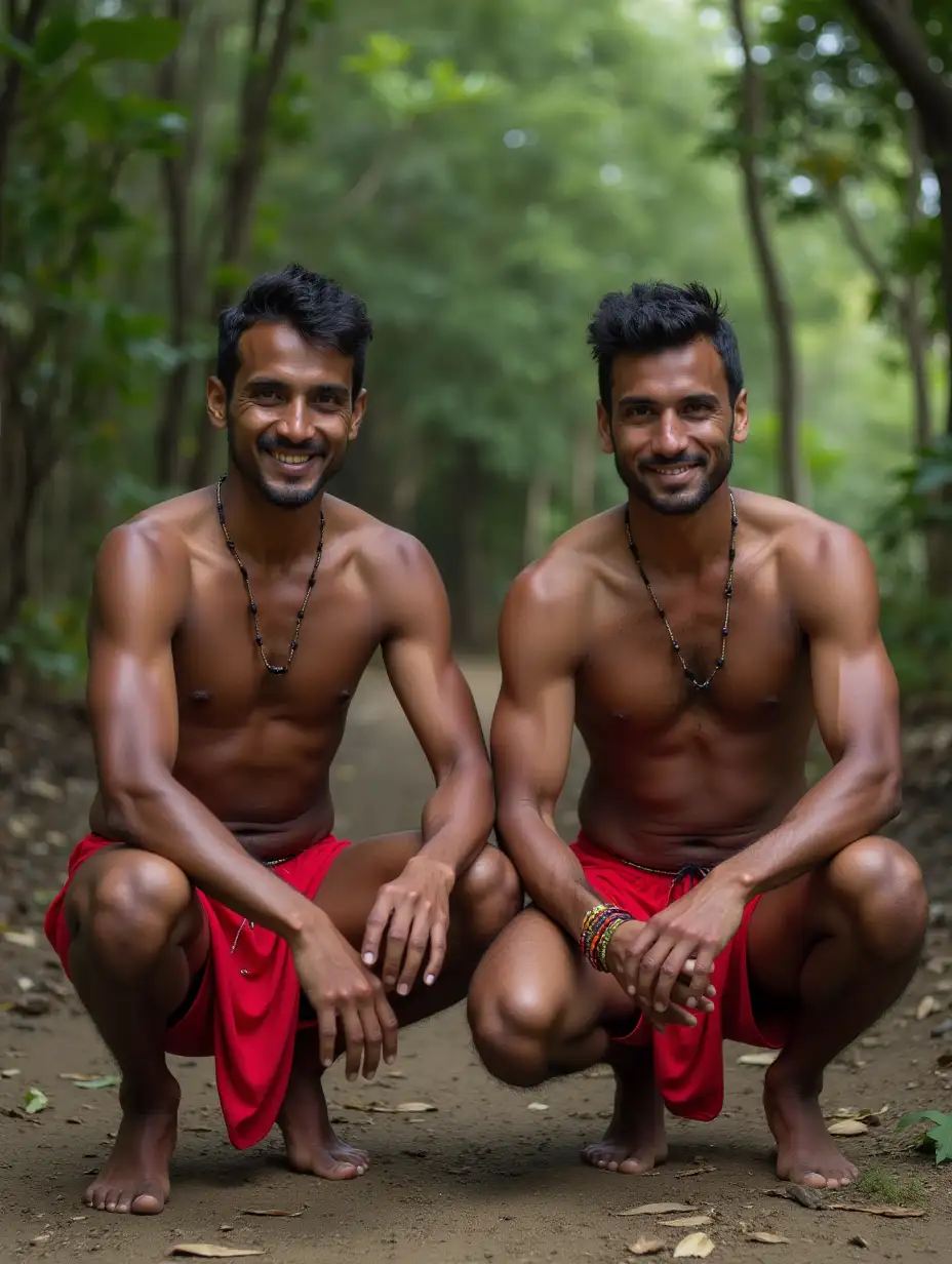 two Papua men, shirtless, wearing red bikini bottom, squat,