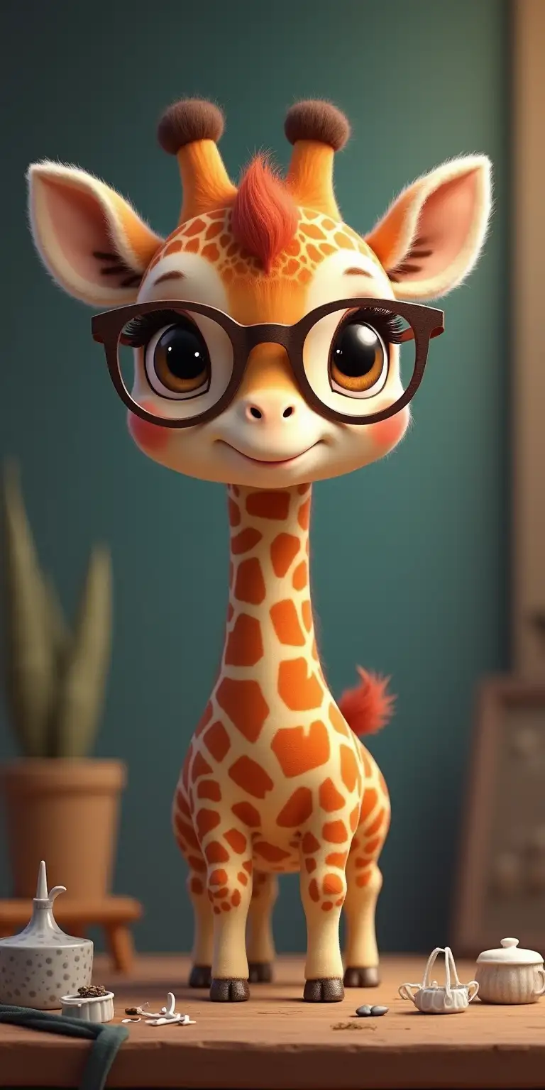 Adorable Baby Giraffe Wearing Glasses as a Creative Painter