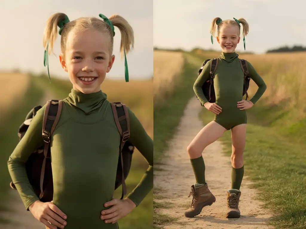 Smiling-Blond-Boy-in-Green-Leotard-with-Backpack-on-Field-Path