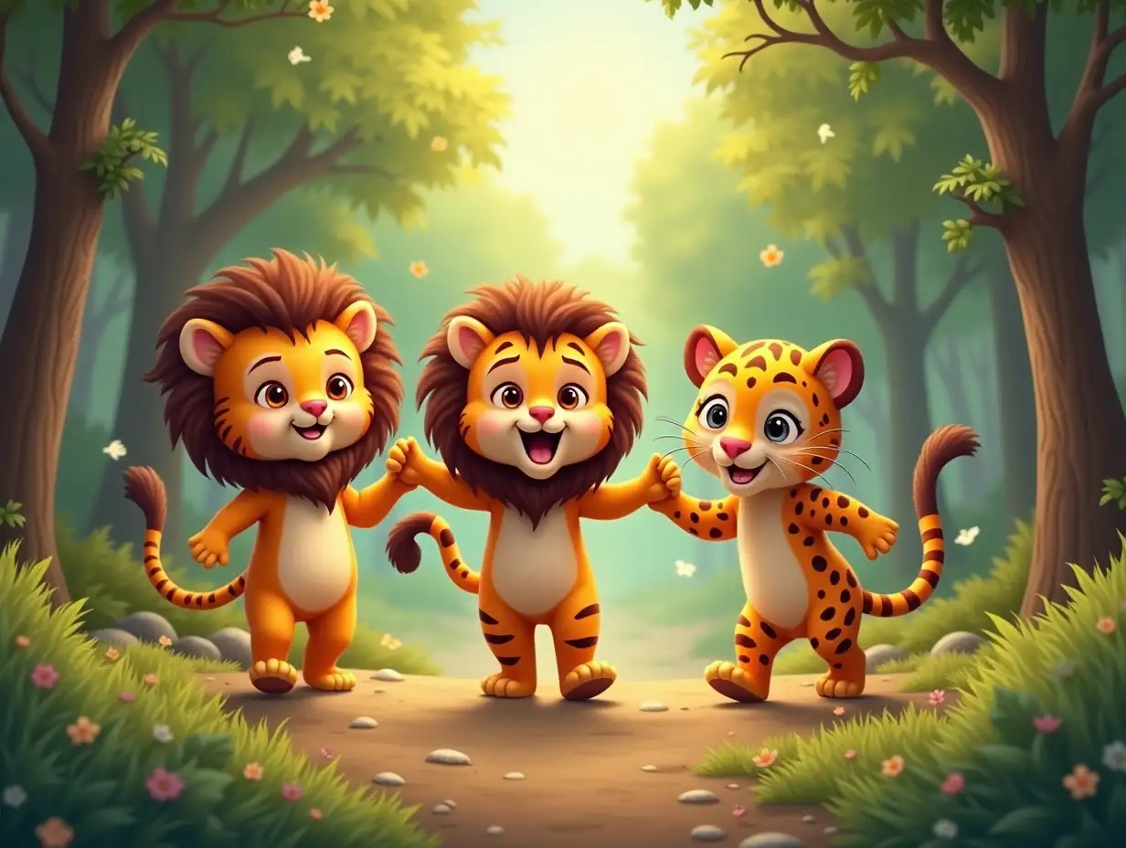 A little lion, a little tiger, and a little leopard were walking together in the forest. They met a group of children, and then they started dancing in a friendly manner. The atmosphere was very joyful.