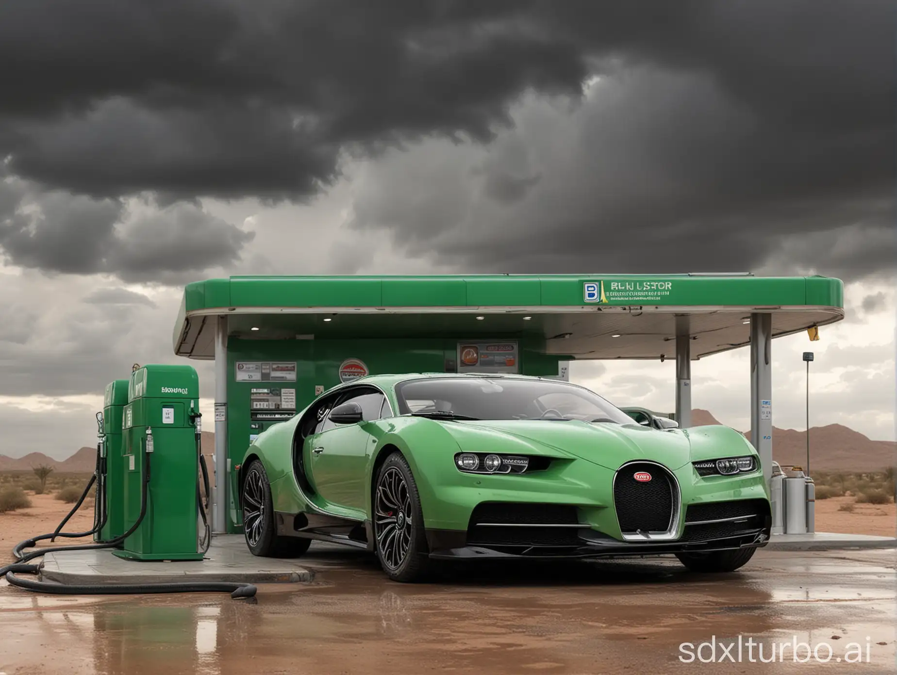 Bugatti-Car-Refueling-at-Desert-Petrol-Station-under-Dark-Clouds