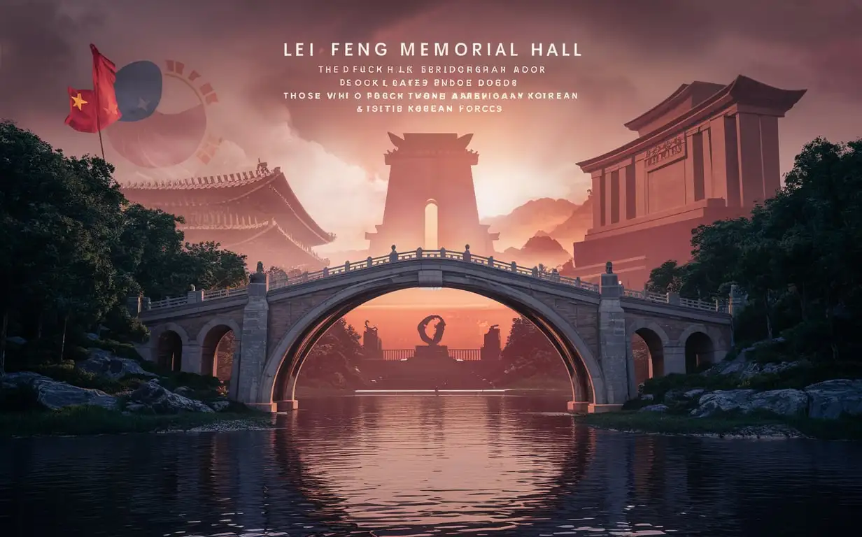 Create a background image about the Lei Feng Memorial Hall, Yalu River Bridge, and Shenyang Anti-American Aid to Korea Martyrs Cemetery debate competition