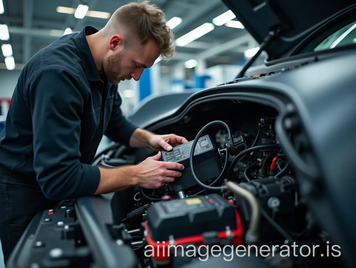 Experienced auto technician inspecting the electric motor and battery system of a cutting-edge electric vehicle