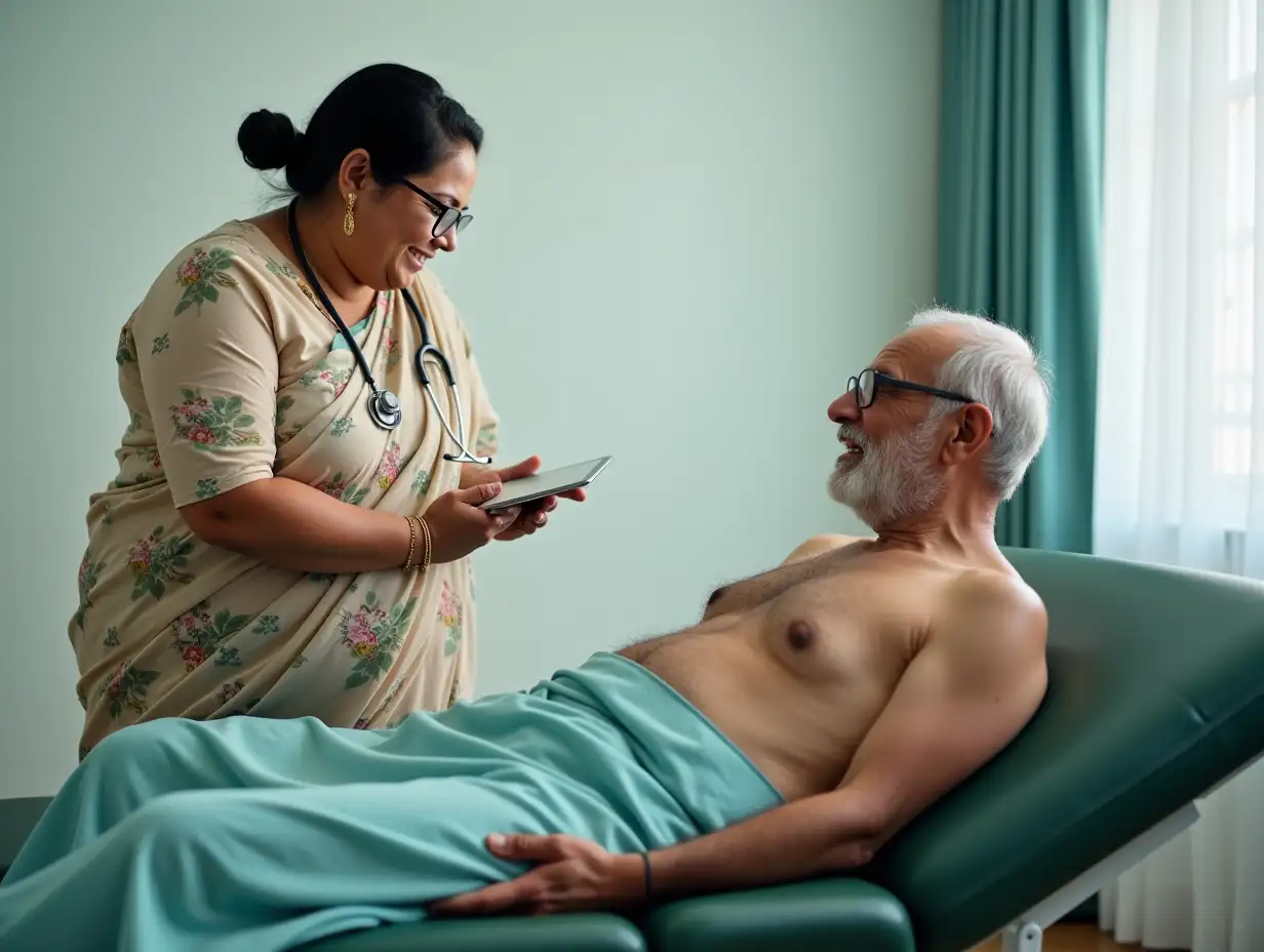 A plus size Indian woman doctor in low bun hair, specs, wearing floral chiffon saree and blouse with stethoscope around her shoulder standing and smilingly examining a shirtless shy old male patient in his patient gown lying on a green leathered examination table and staring at the female doctor with a nervous face