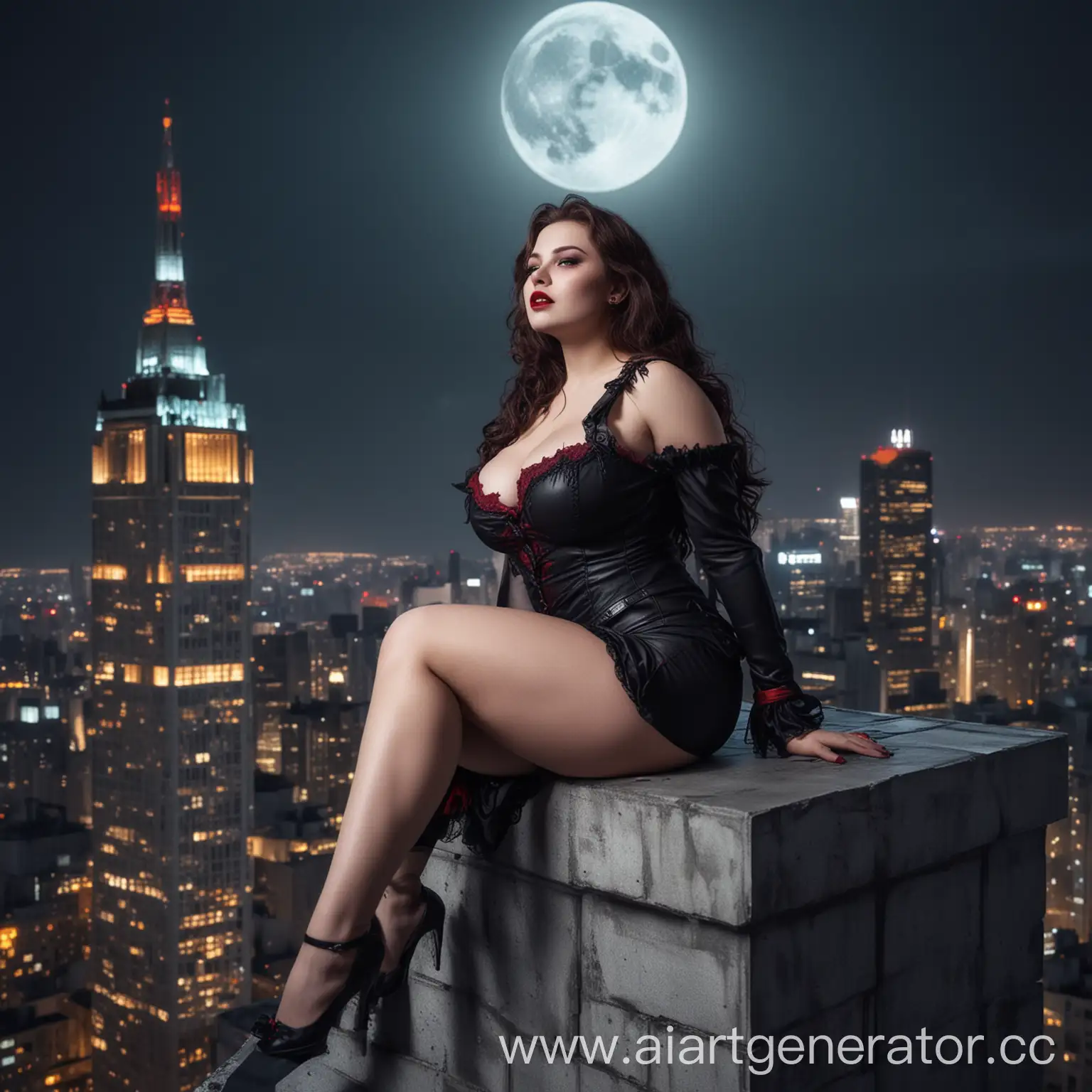 A beautiful curvy vampire is sitting on the roof of a skyscraper, and against the background of a night city and a bright moon