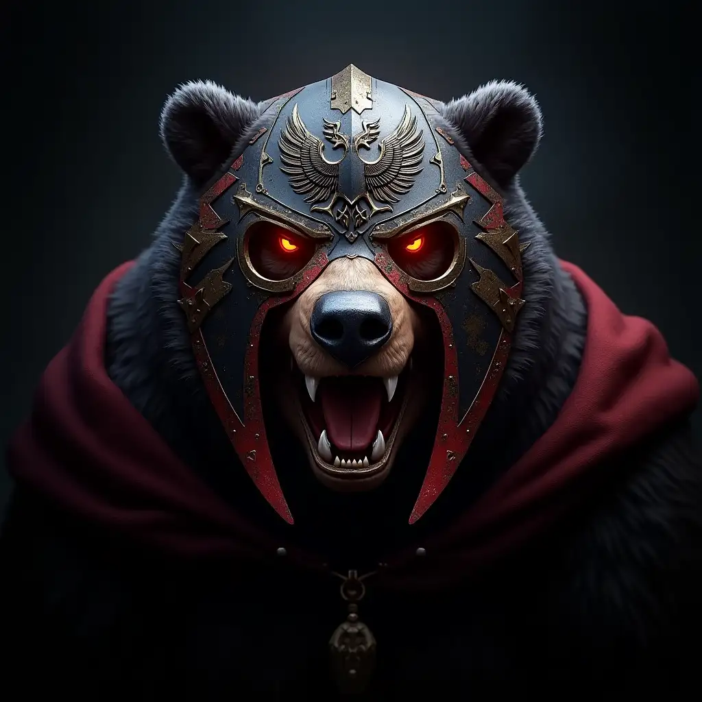 A powerful and fearsome black war bear’s face, covered by a large, battle-worn steel war mask that extends over the top of the head, similar to the Kislev War Bears in Total War: Warhammer III. The mask has a matte black finish with striking red edges, giving it a bold and aggressive look. It is slightly battle-worn, featuring a few scratches and cuts that subtly reveal gold metal underneath, adding depth without overwhelming the design. The mask is Albanian-inspired, featuring a bold double-headed eagle like the one on the Albanian flag at the center, along with sharp geometric patterns and warrior engravings. The bear's thick, rugged fur is slightly frosted, emphasizing its strength and endurance. Its eyes glow with an intense, determined light. The background is dark and moody, with dramatic lighting that highlights the steel and fur textures. The style is bold, stylized, and perfect for a high-impact gaming logo.