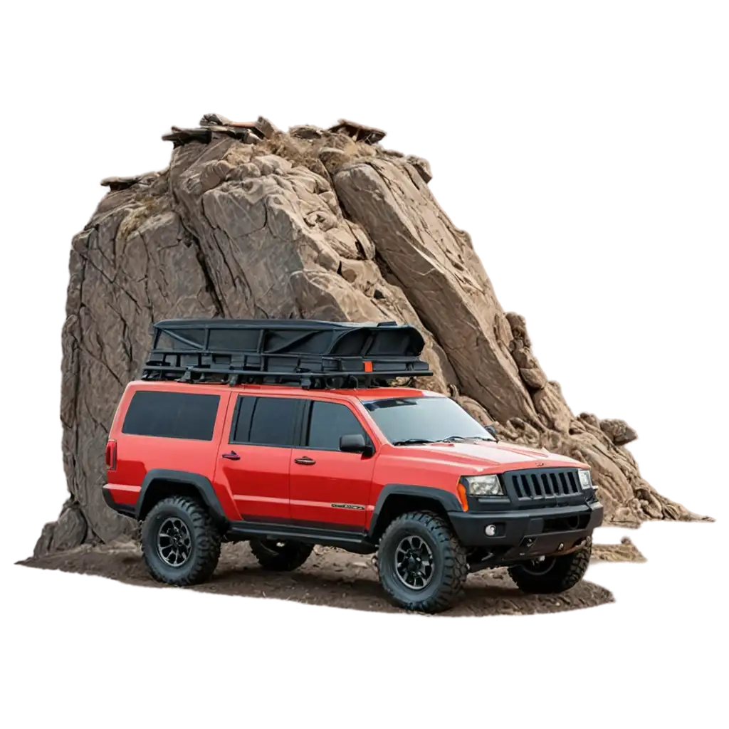 Animated-Red-and-Black-4-Doors-Toy-Jeep-PNG-Image-Driving-Up-Rocky-Hillside-at-Sunset