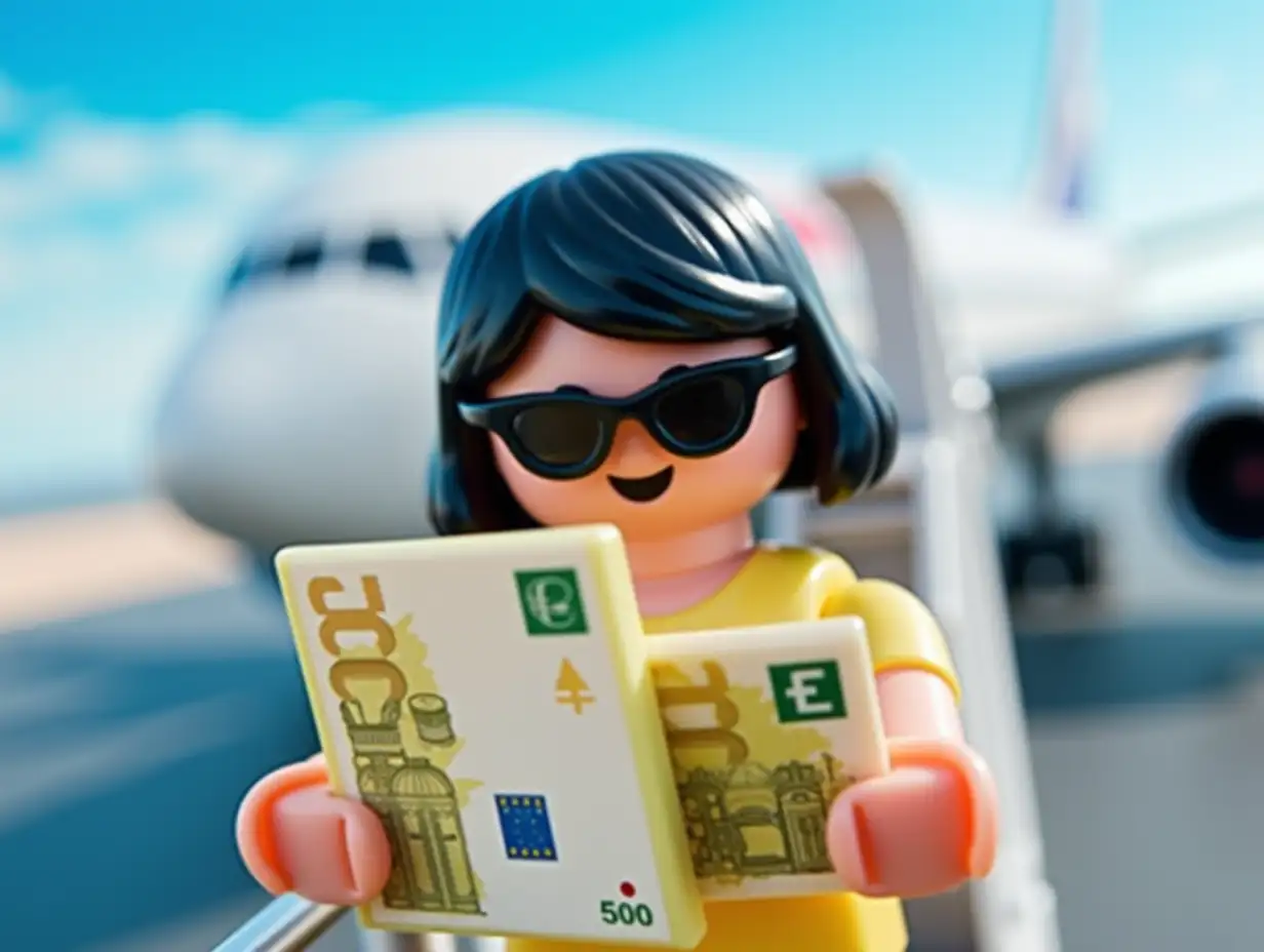 A Playmobil set, with a girl with black hair and sunglasses, with many euro bills, getting on a plane