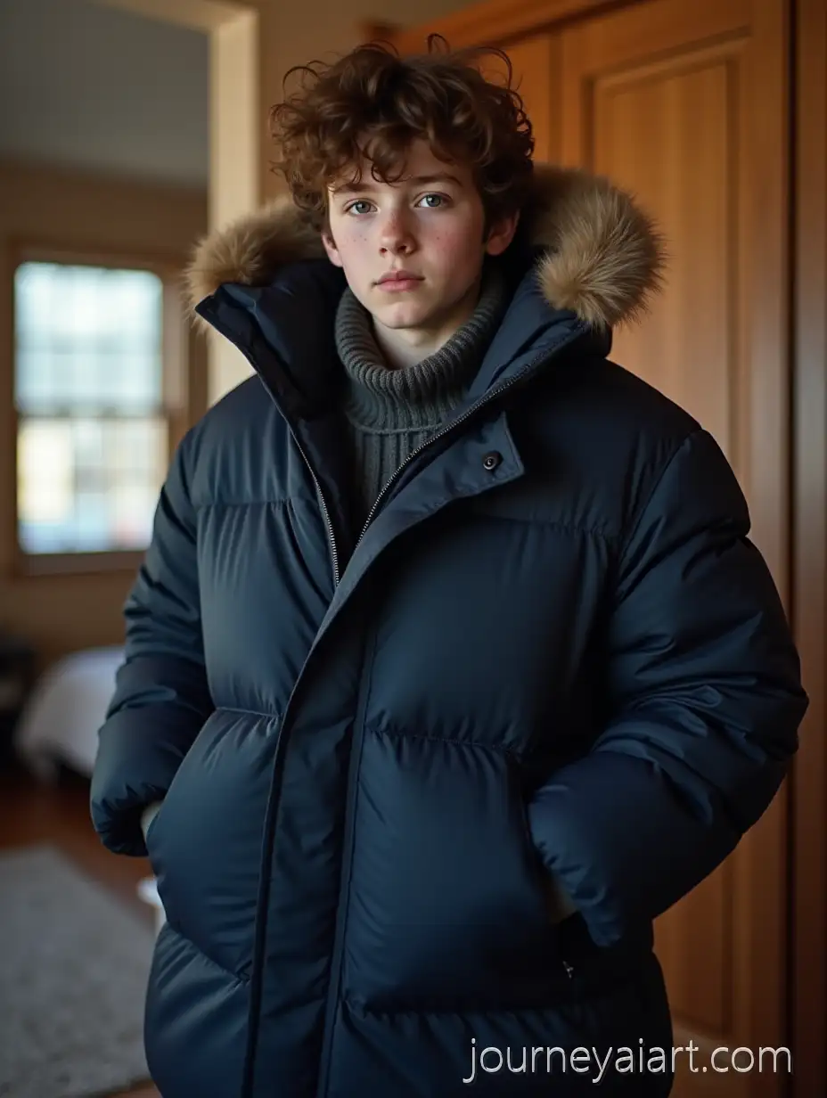 13YearOld-Boy-in-PuffyAI-Image-Prompt-Expansion-Navy-Winter-Coat-in-Cozy-Bedroom