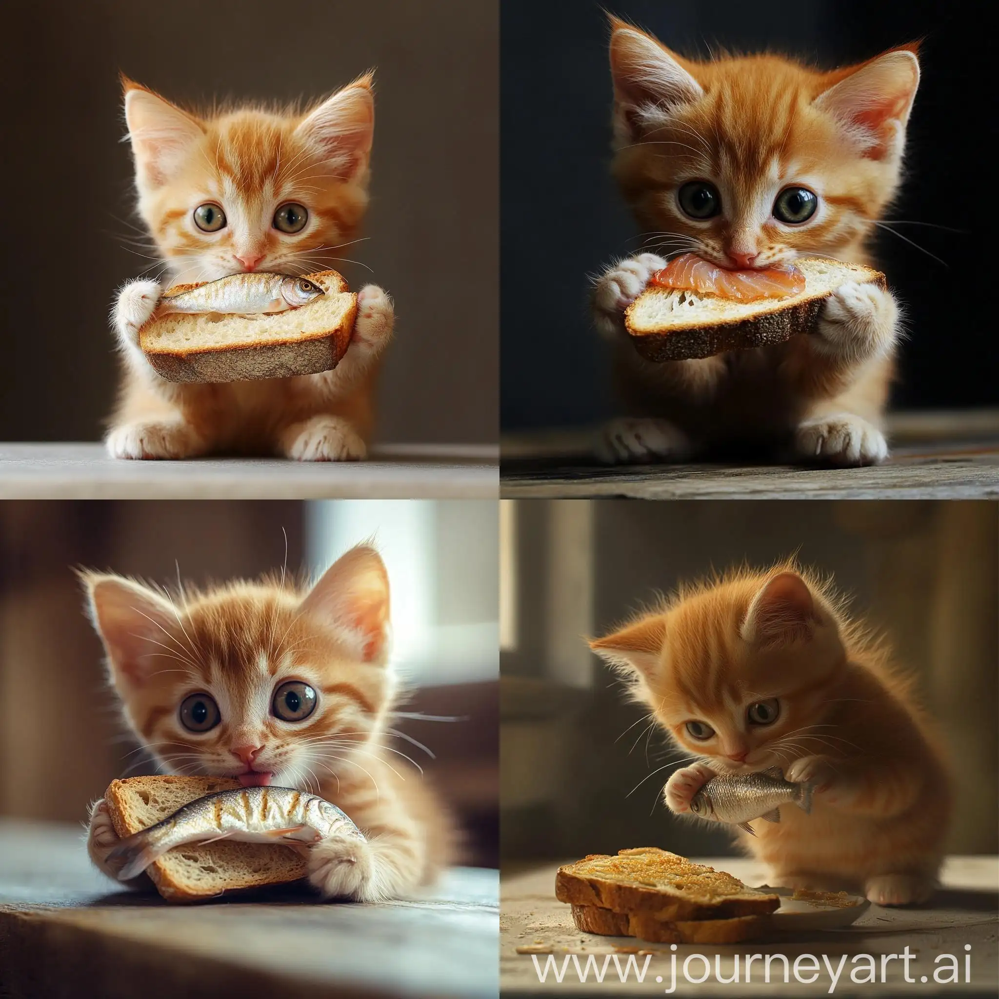 Playful-Orange-Kitten-Eating-Herring-Fish-and-Toasted-Bread