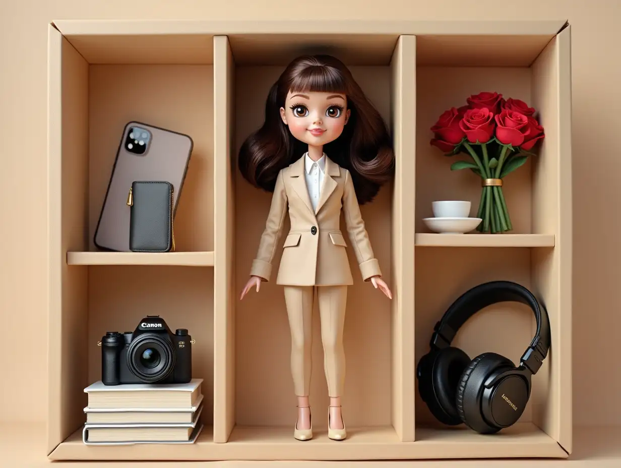 Depict a doll of a girl according to these photos. It should be an action figure in the style of BRATZ from soft-touch plastic. The doll should be standing in a beige box, in a recess. The hairstyle should be like on the photo. She should have brown eyes. She should be dressed in a beige suit, white shirt. On her legs there should be beige heels. Next to the doll in recesses there should be accessories: Canon mirror camera, book, cup of coffee, Huawei nova 8 phone, black leather Marshall headphones, trendy bag, bouquet of red roses. Also on the box at the top there should be an inscription Ekaterina. Make it as realistic as possible.