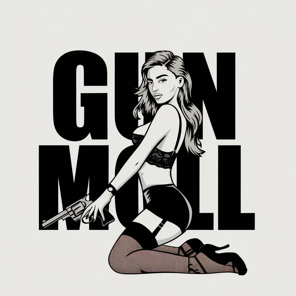 a vector logo design,with the text "Gun moll", main symbol:Beautiful young slim tattooed girl Instagram model Joanne Kisses type, ponytail long blonde hair stands in a black lace big bust very large bra and High Waisted Yoga Shorts, sexy stockings, pump nice butt, with a classic big peacemaker revolver in her hand,Moderate,clear background