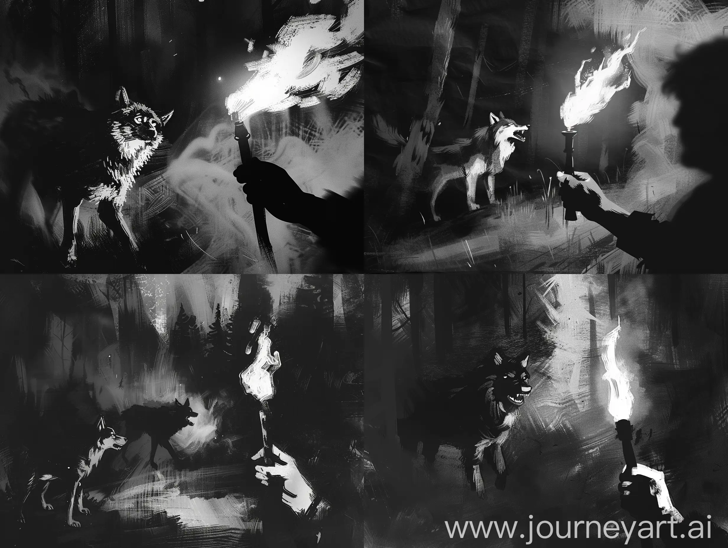 Forest-Exploration-Hand-with-Torch-and-Angry-Wolf-in-Minimalist-Black-and-White-Painting