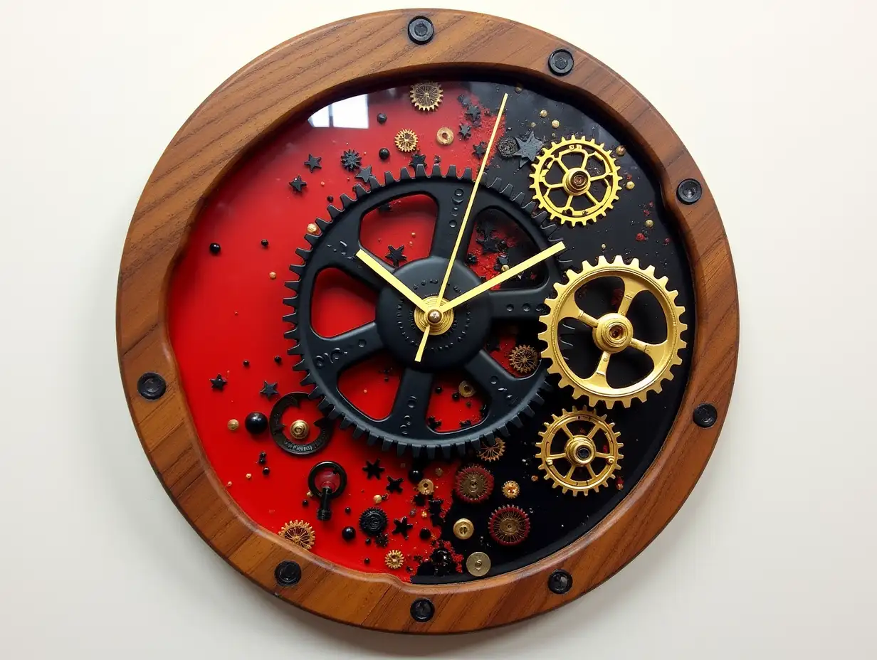 Resin mixed with wood, wall clock with gears, red, black, gold