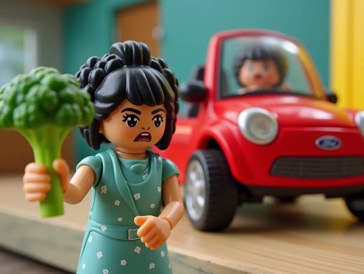 A Playmobil set with an angry black-haired girl, with broccoli and a new red Ford Ka