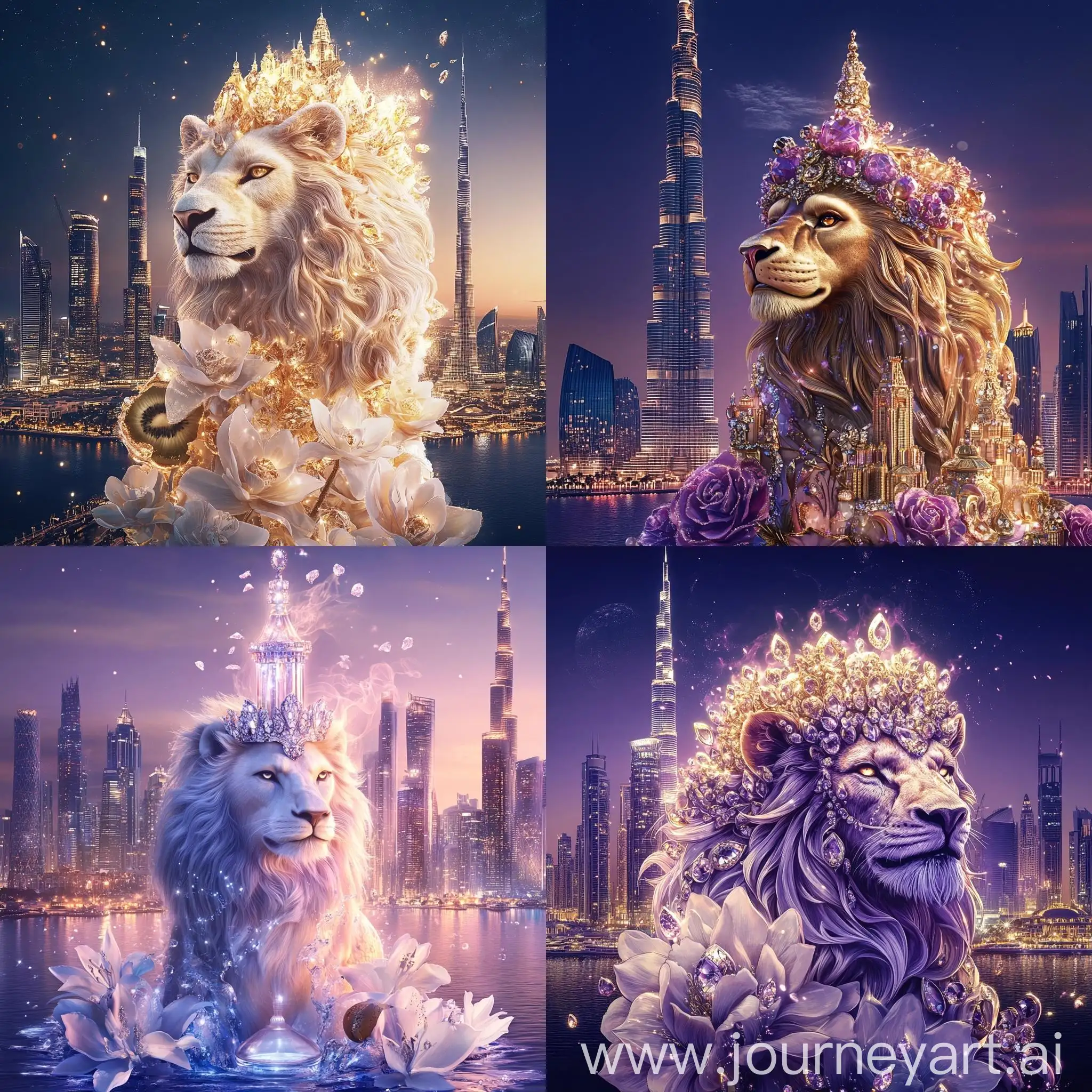 Regal-Lion-with-Diamond-Mane-and-Dubai-Skyline-at-Night-for-AZIMA-ROYALE-Vanilla-Diamond-Dream