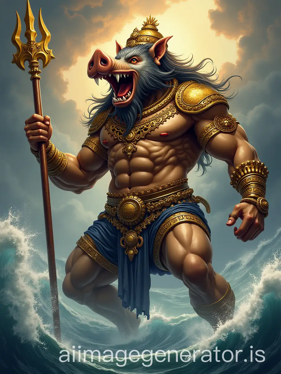 Powerful Hindu deity, Varaha Avatar, depicted in vibrant, detailed illustration.  Massive, muscular figure with a boar-like head, fierce expression, and roaring mouth, showcasing intricate gold and jewel-toned armor.  Ornate crown, necklaces, and bracelets adorn the figure, detailed with intricate patterns.  The deity is poised with a powerful stance, holding a trident-like weapon, poised amidst tumultuous waves creating a majestic dynamic composition.  The background is rich, textured, filled with swirling clouds, representing an epic scene.  Warm, rich golden and bronze tones contrast with cooler blues and grays in the background.  Highly detailed depictions of textures are noticeable on armor, garments, and hair.  Indian mythological style, epic grandeur.  Dramatic lighting highlights the figure's powerful form.  Eye-catching, detailed illustration emphasizing grandeur and power.  Figurative art.