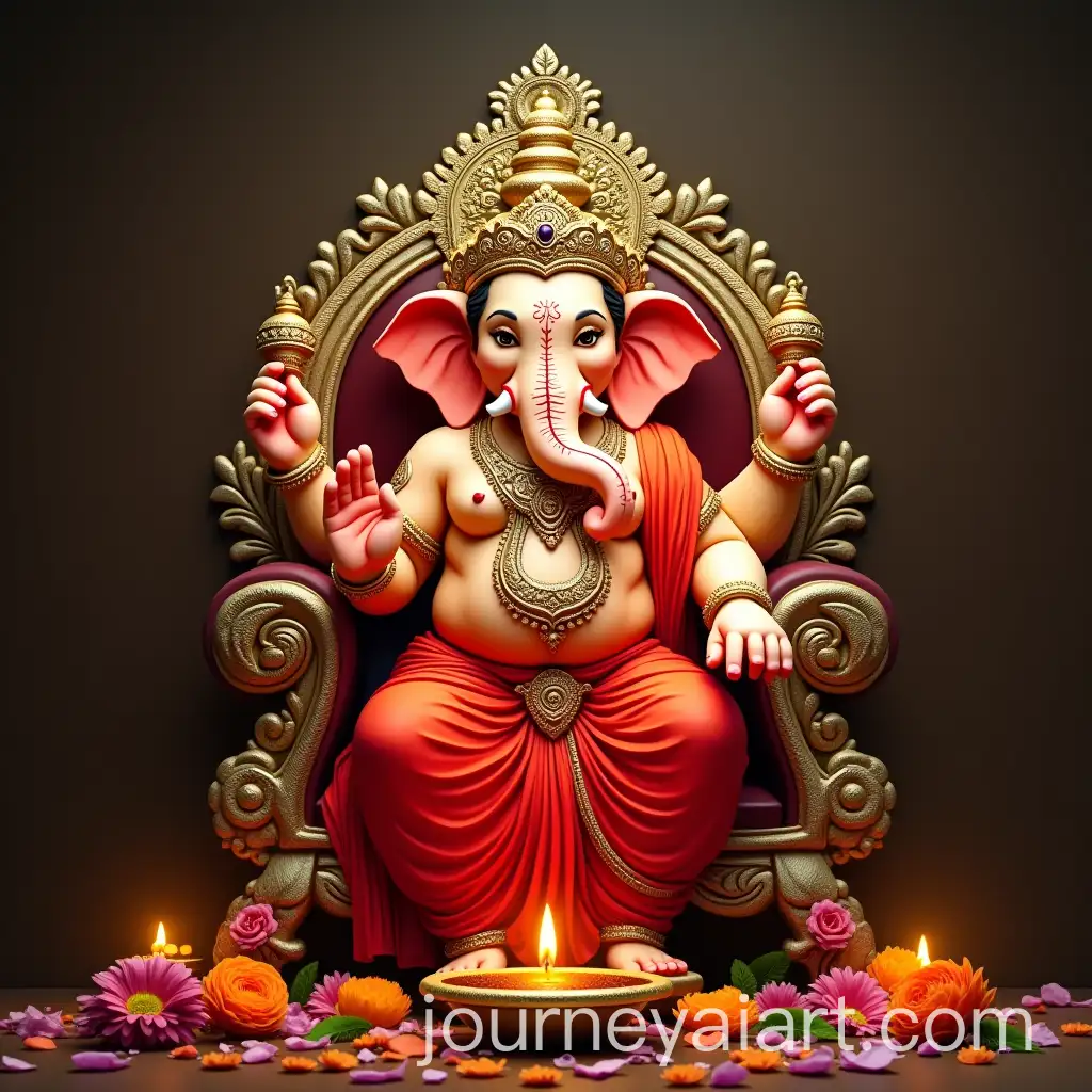 Divine-Ganpati-Bappa-Sitting-on-Ornate-Throne-with-Modak-and-Jaswand-Flower