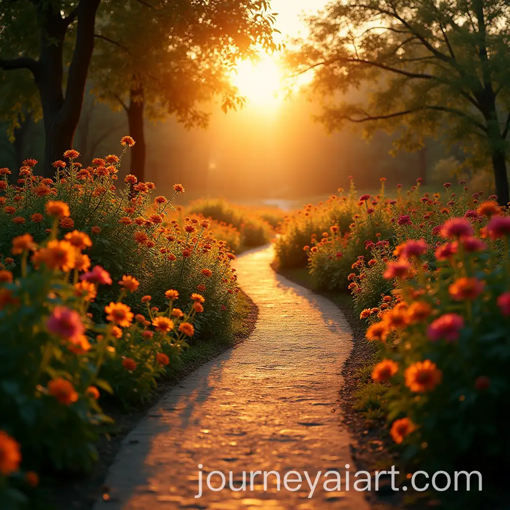 Winding-Pathway-with-Blooming-Flowers-Bathed-in-Sunset-Light