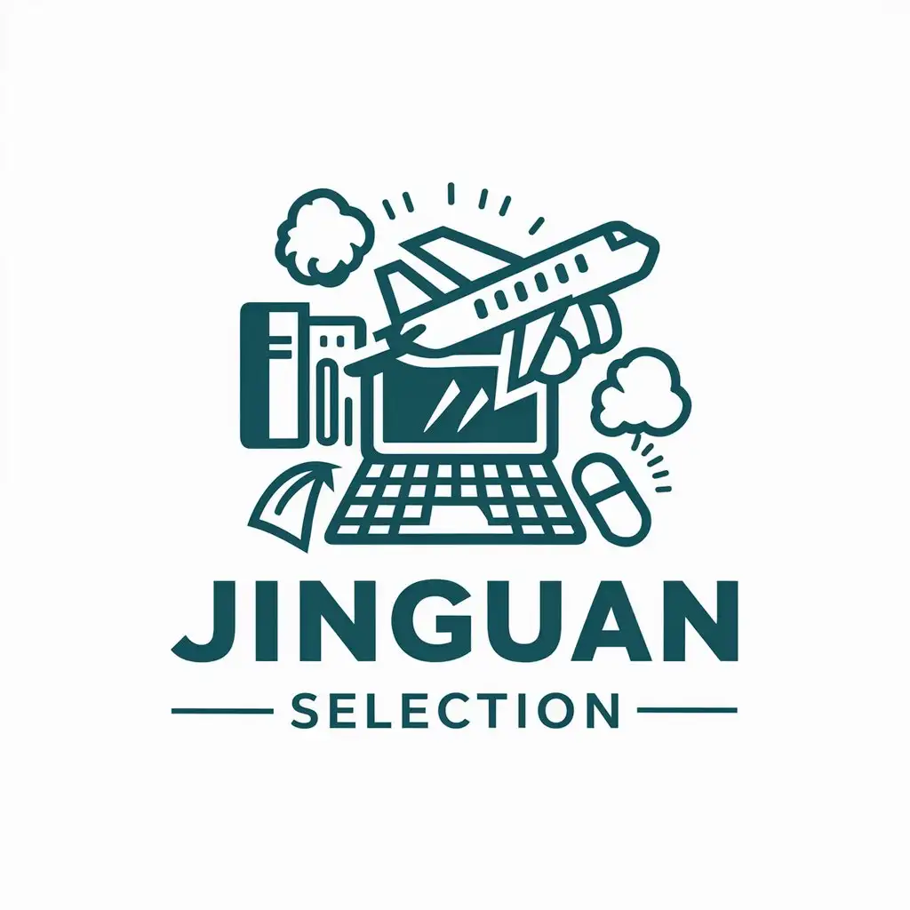 a vector logo design,with the text "Jinguan selection", main symbol:computer internet airplane books poker mouse keyboard,Moderate,be used in Internet industry,clear background