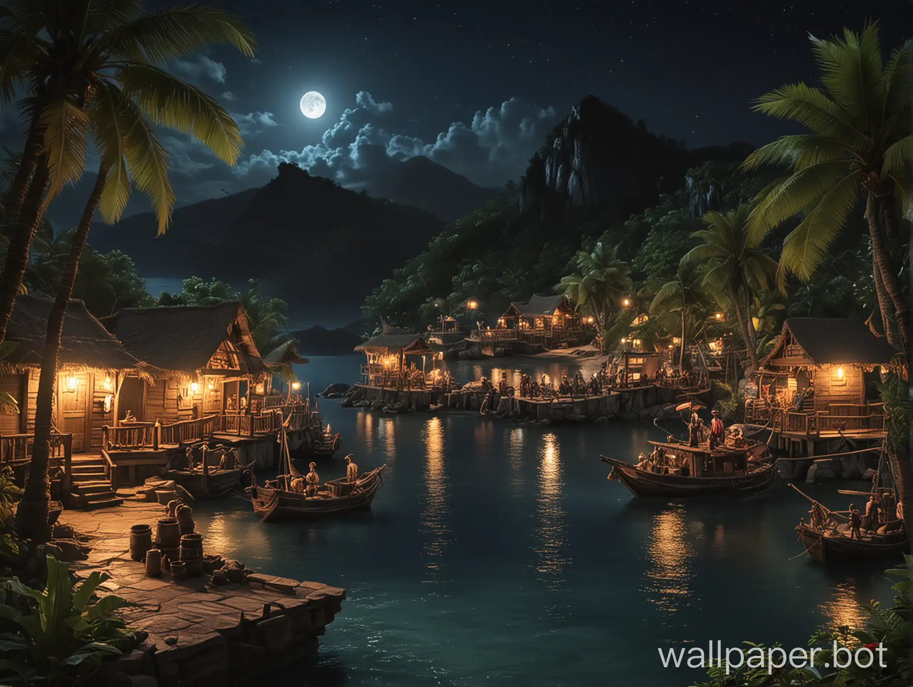 pirates sghips at night island village mountain