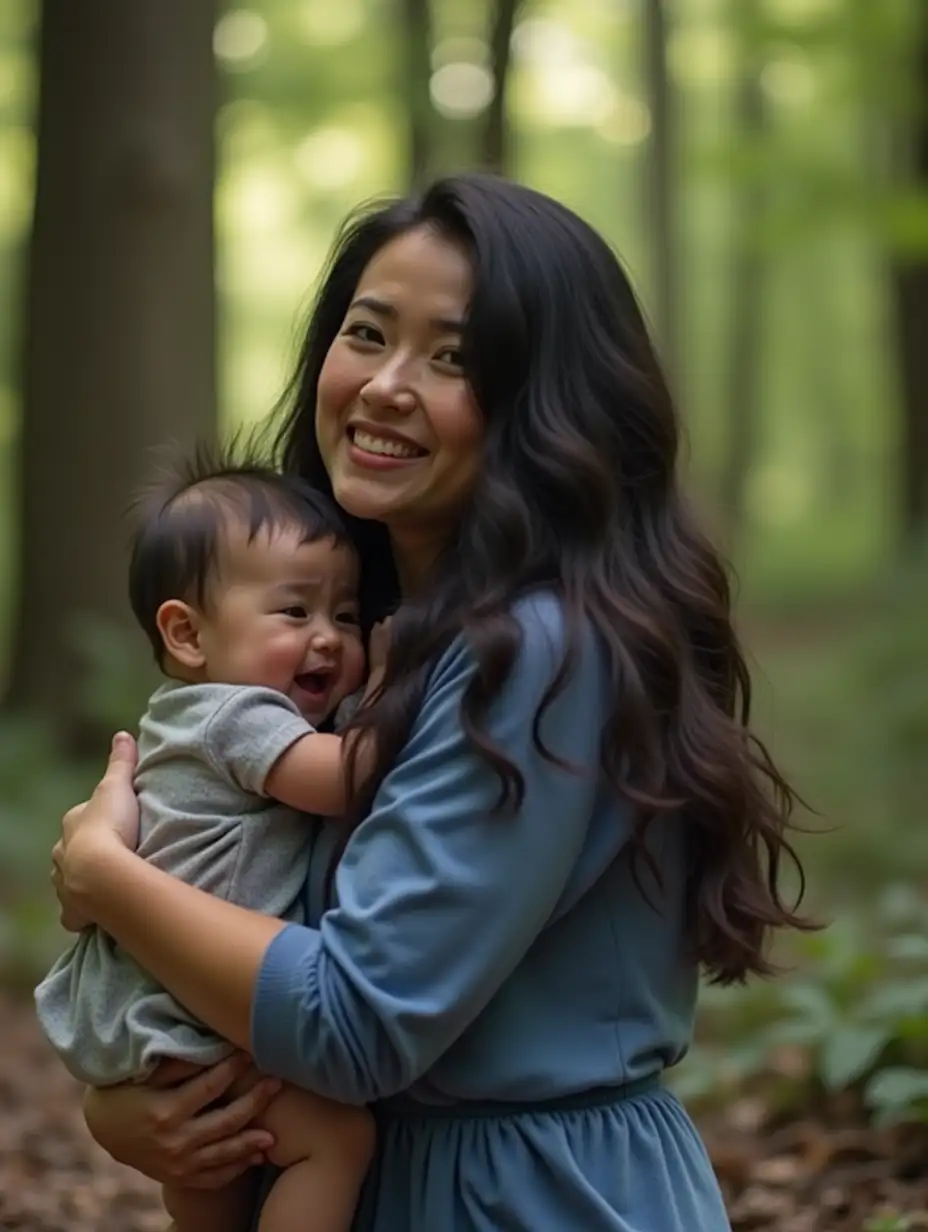 A beautiful woman with long, black hair, kneeling in the forest, wearing a blue top, holding a baby in her arms, and shedding tears of joy, the camera is taken from a long distance.