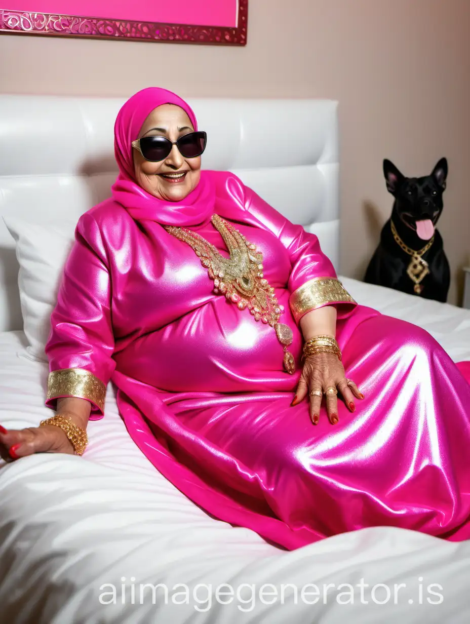 a muslim woman fat curvy mature having age 89 years old with makeup   with  big black dog wearing costly sunglasses , sleeping on a  bed   in  a bed room   holding a white pillow , she is wearing a  neon  pink  color hijab and covering a blanket on her body  she is smiling and happy wearing a lot of gold ornaments and high heels on feet, in background a lots of lights are there , its night time