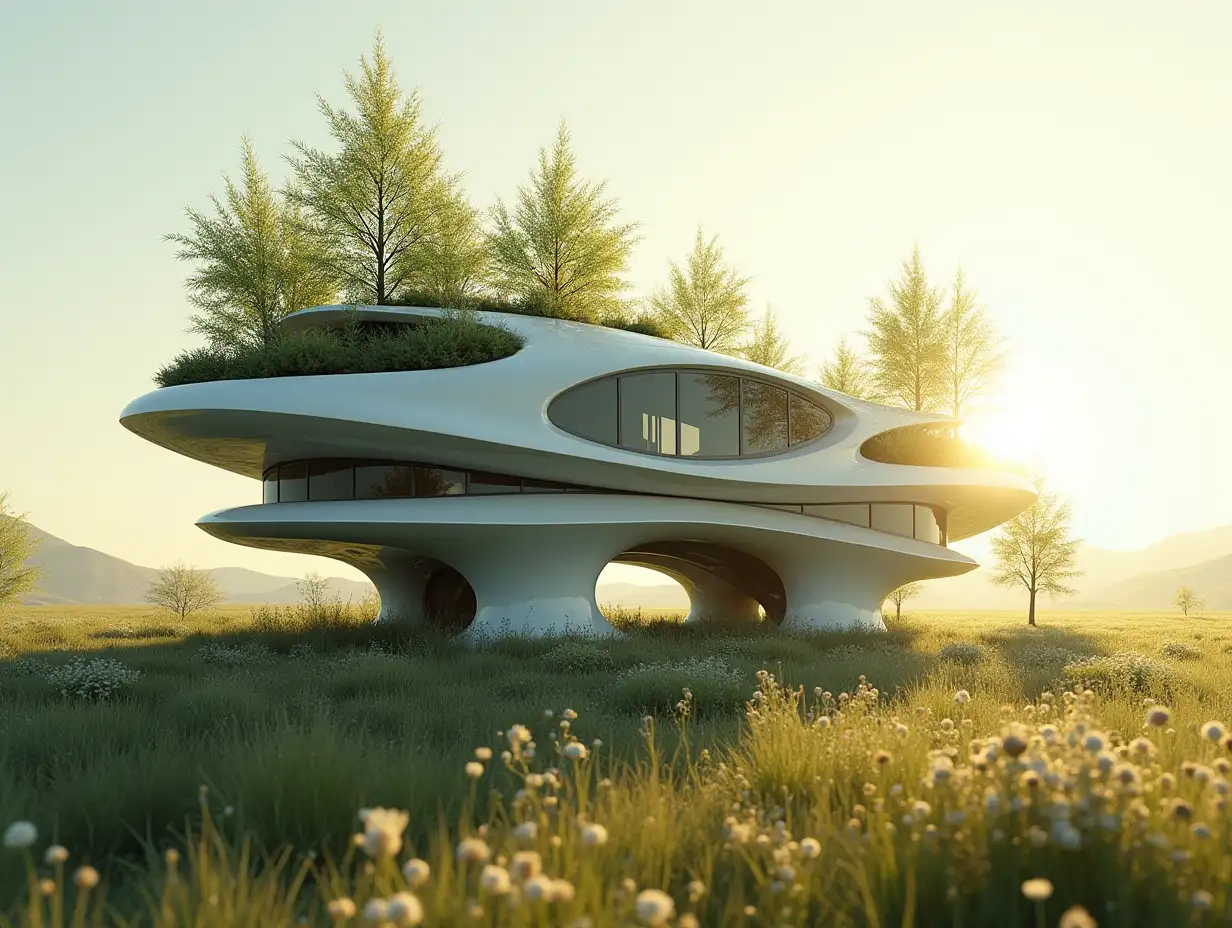 Two-story, biomorphic with plants grown and a hypermodern vehicle stands there the sun is shining