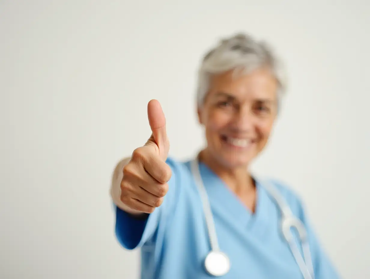 Middle age senior nurse doctor woman over isolated background doing happy thumbs up gesture with hand. Approving expression looking at the camera with showing success.