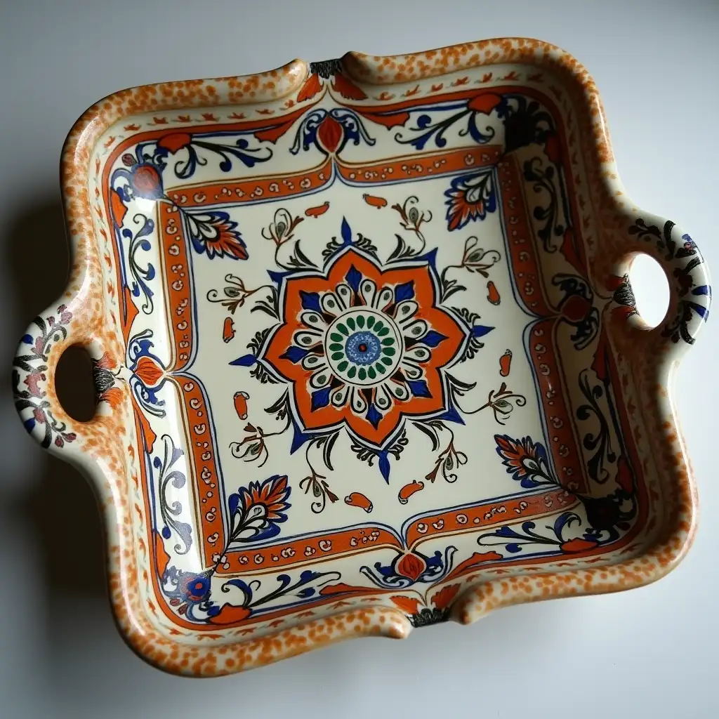 Square with rounded corners ceramic serving dish withe embossed beautiful handle, antique and old, Qajar art, Iranian Tabriz carpet design