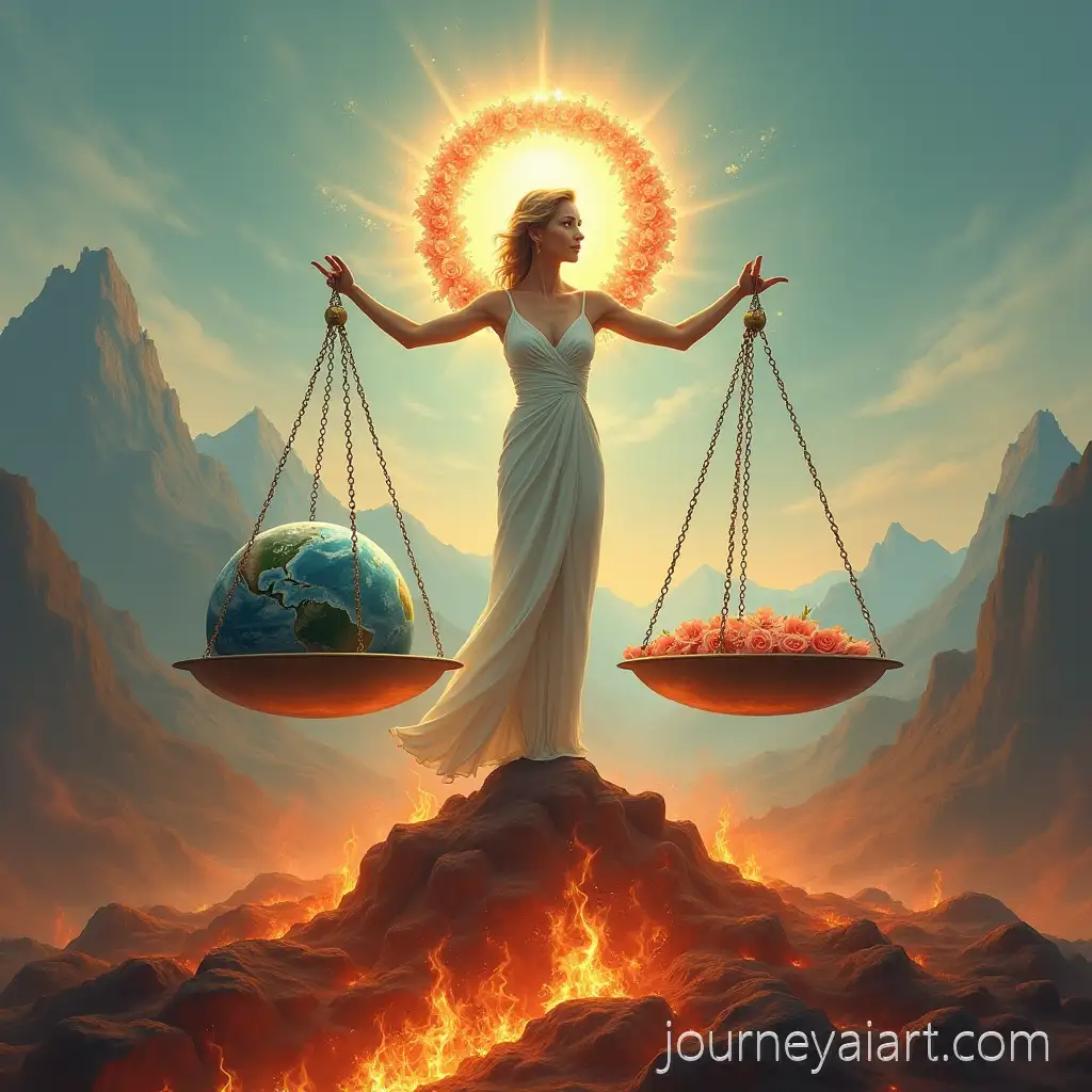 Woman-Balancing-Earth-on-ScalesAI-Art-Prompt-Expansion-in-Fiery-Landscape-with-Halo-of-Flowers