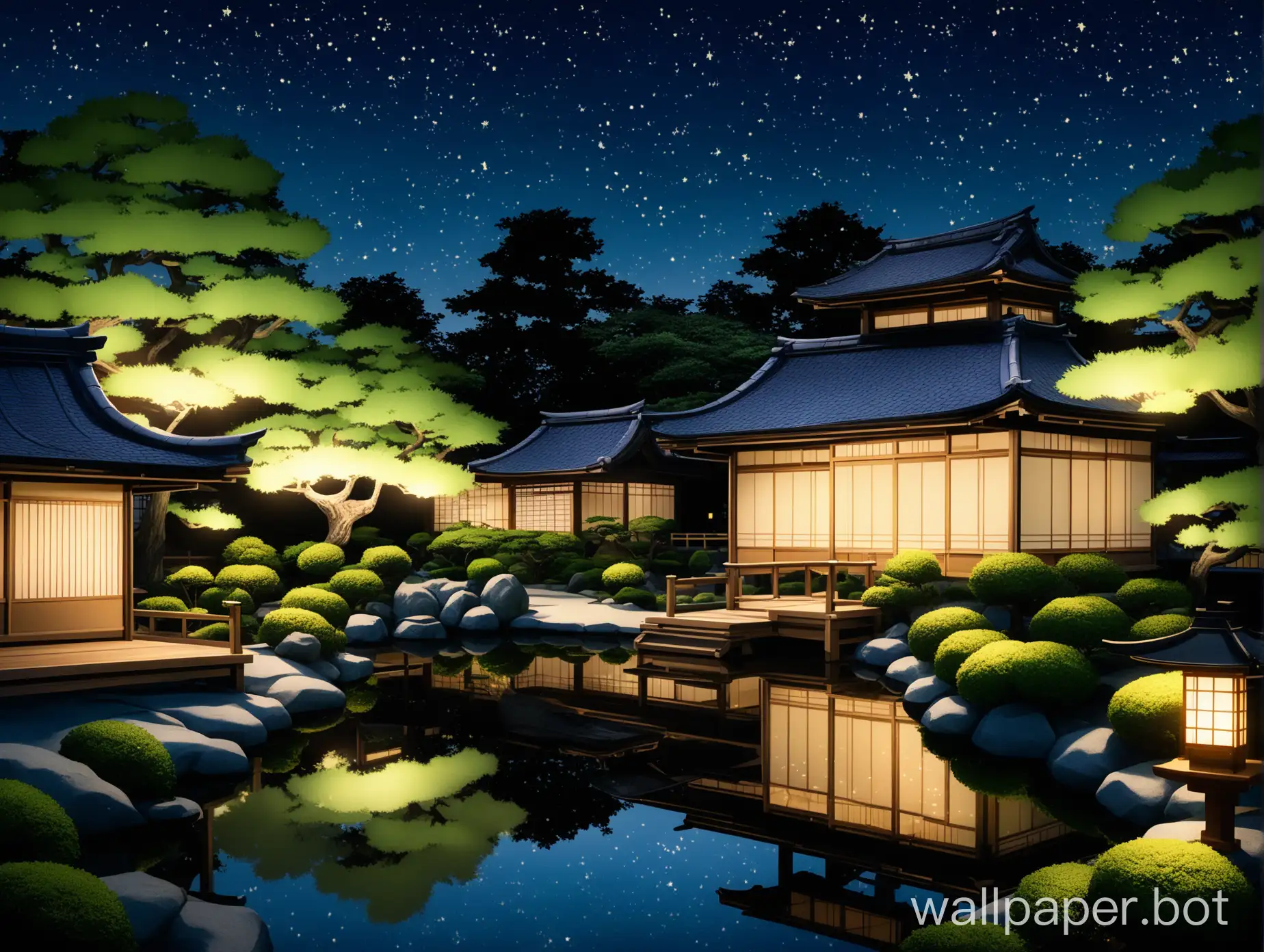 Create a calm night image of a traditional Japanese garden illuminated by soft light. The garden has green trees, bushes, and a small pond with starlight reflected on it. The night sky is full of stars, creating a magical atmosphere. There are Japanese-style buildings with unique roofs, large windows, and small lights lighting up the path in the garden. The warm light from the building adds a comfortable and peaceful nuance to the blue night sky and lighting.