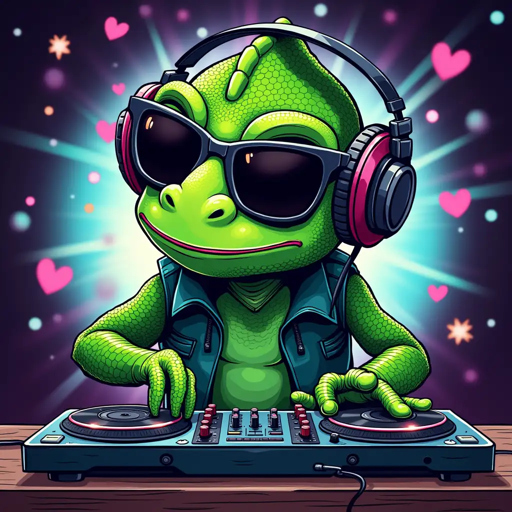 green chameleon, comic style, DJ, with disco in the background, with dark glasses and headphones