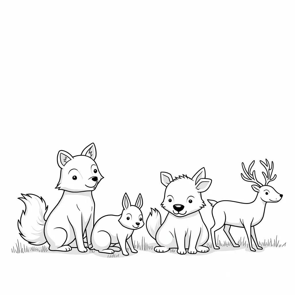 Cute-Animals-Line-Art-Coloring-Page-for-Kids-Featuring-Fox-Bear-Rabbit-Deer-and-Squirrel