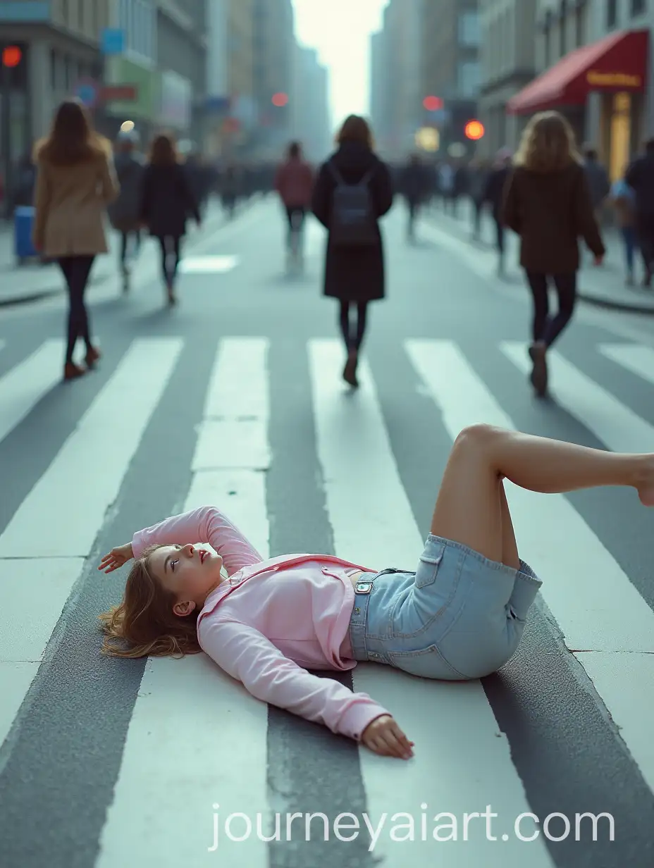 Teenage-Girl-in-Pastel-Clothes-Dramatically-Posing-on-City-Crosswalk